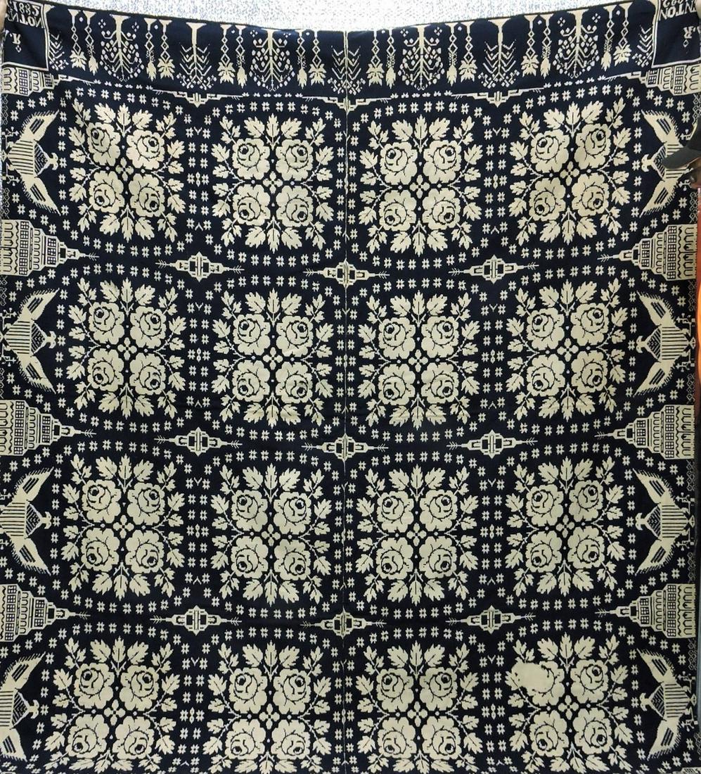 Blue and white woven coverlet, "A.R. Benton: NY 1882", Capitol Building and Eagle border, 91"x81"