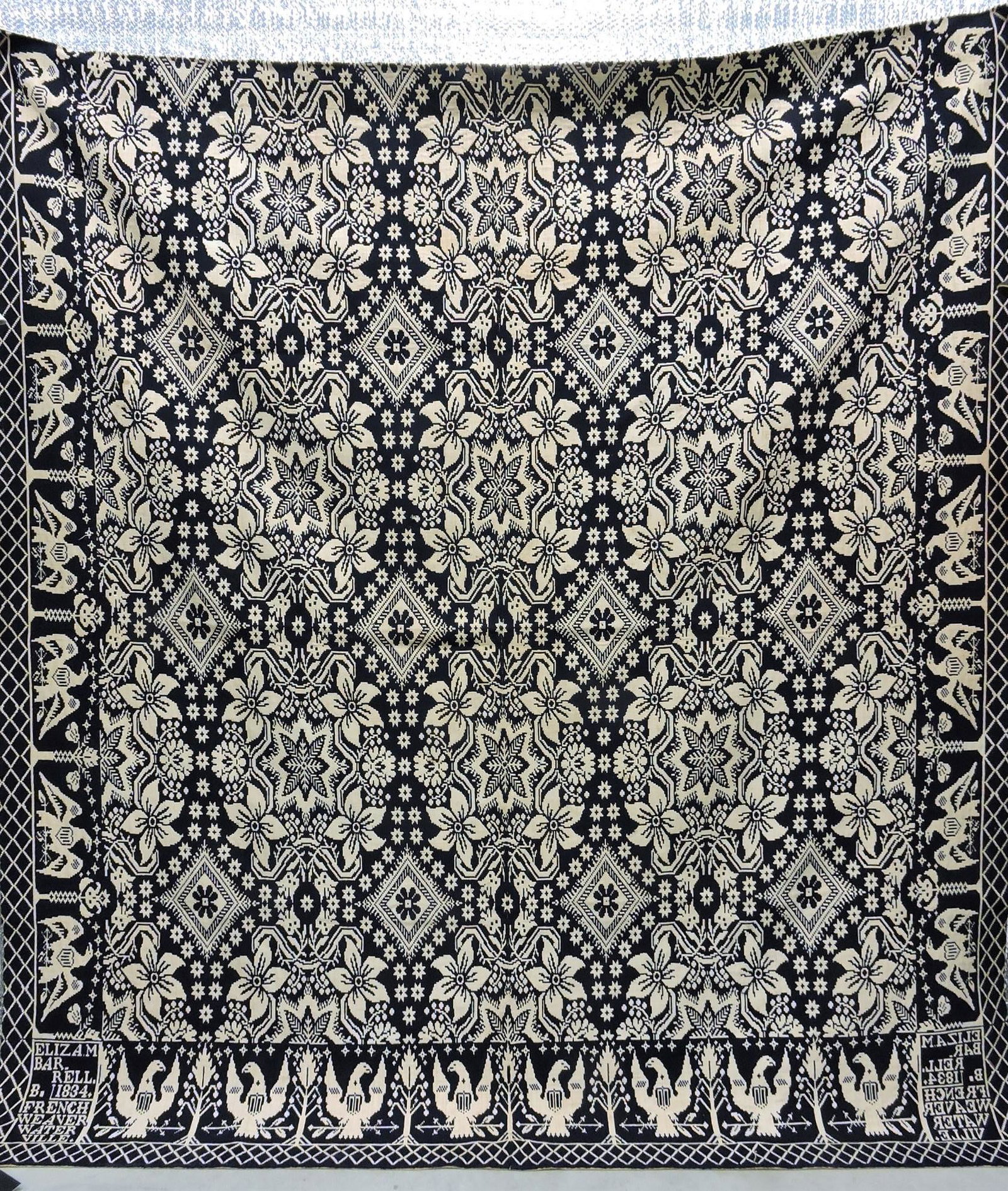 Blue and white woven coverlet Eliza M.: Barrel, French Weaver, Waterville, 91"x84"