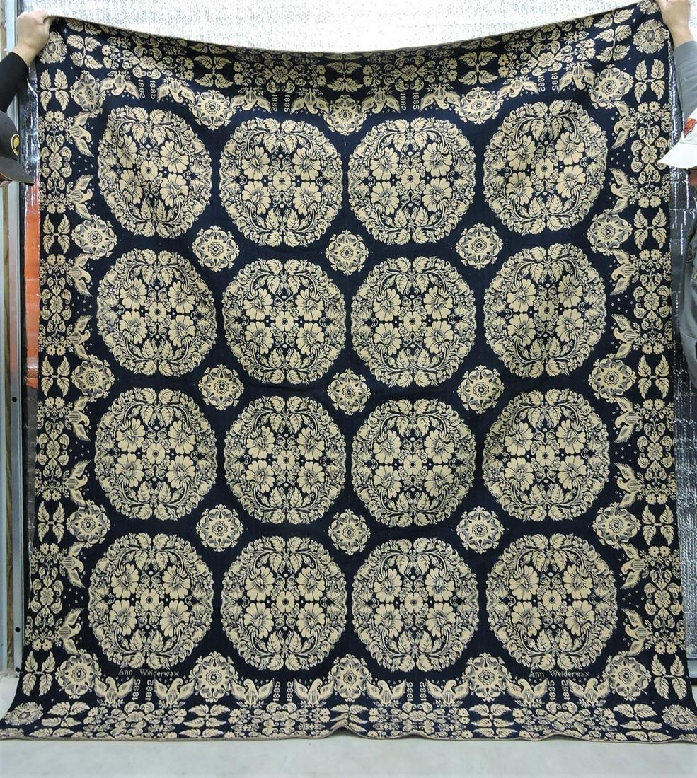 Blue and white woven coverlet 1835,: Ann Weiderwax, 89"x80"