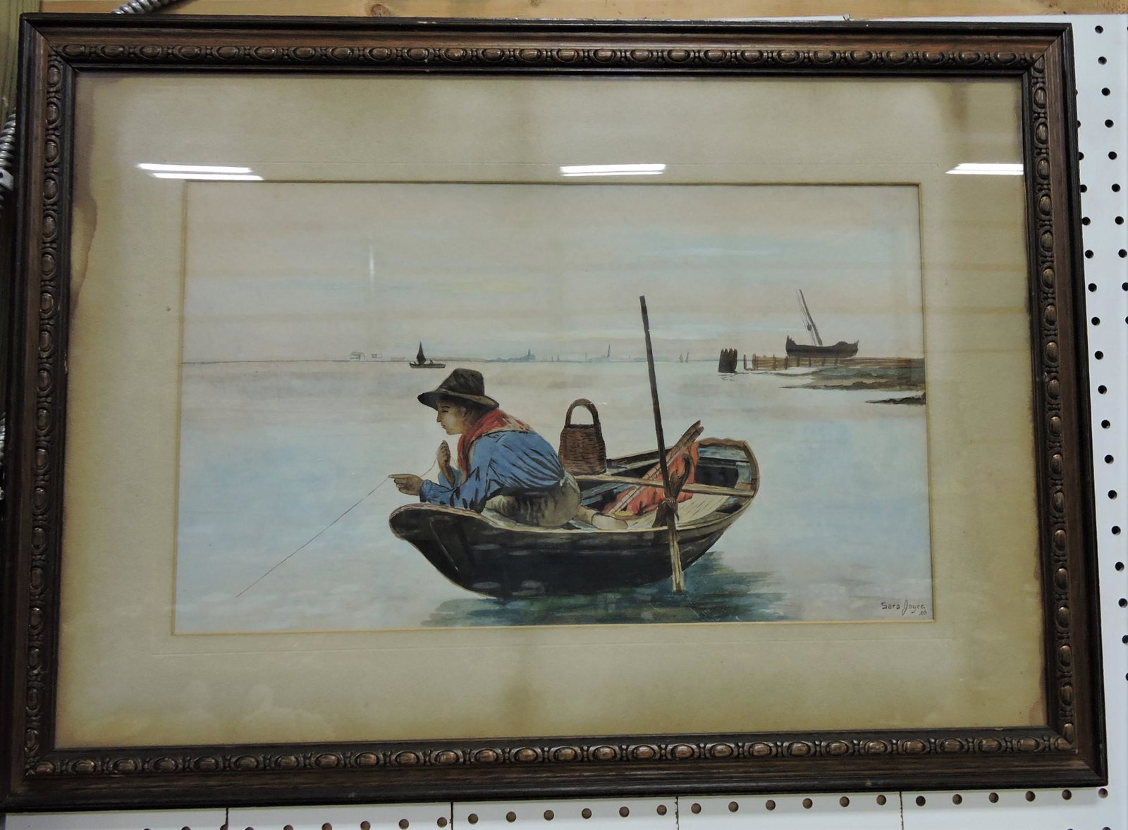 Watercolor of boy fishing in boat, signed: Sara Joyce 06, 12"x20"