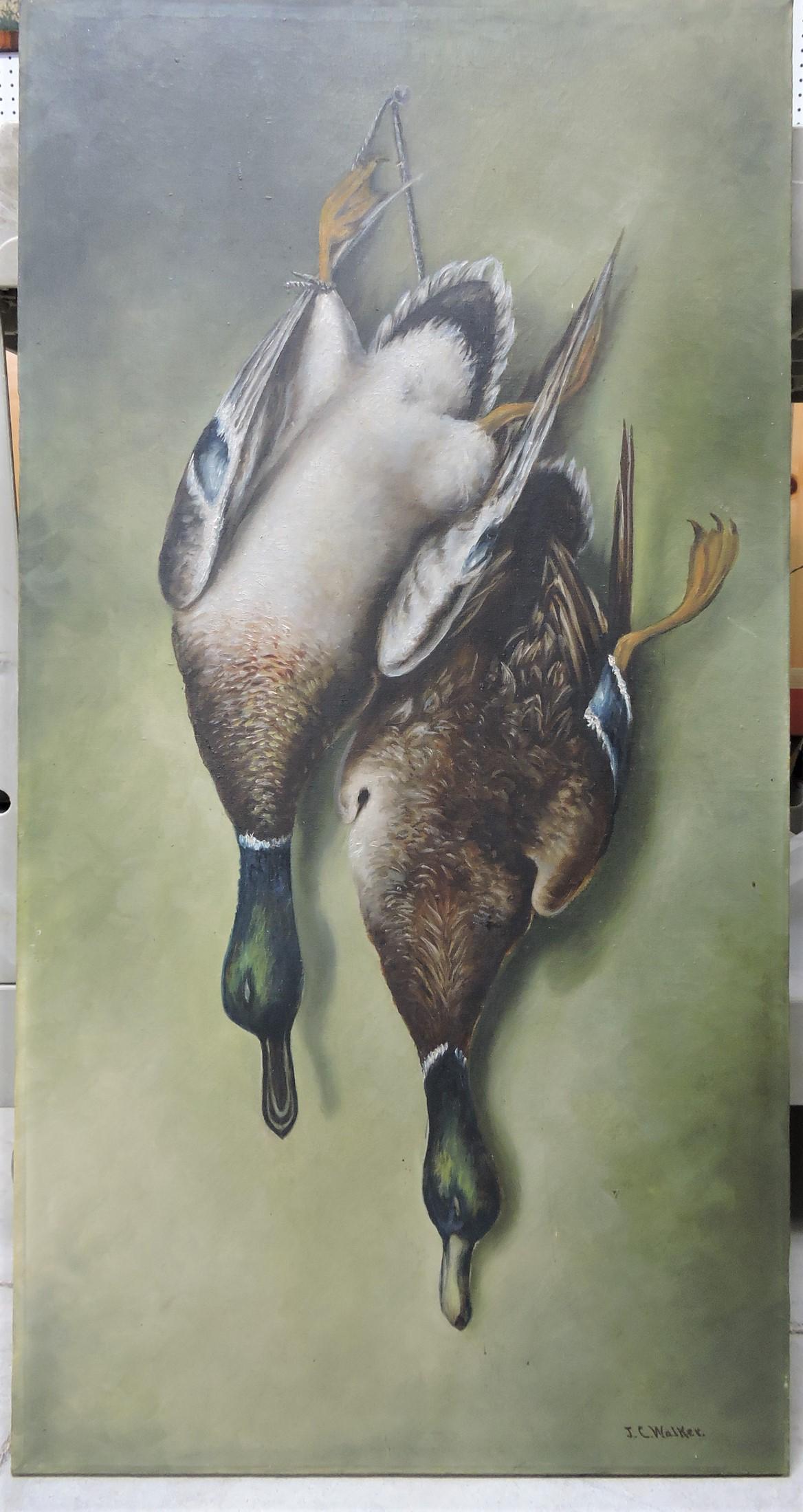 Early oil on canvas of ducks by J.C.: Walker, 36"x19"
