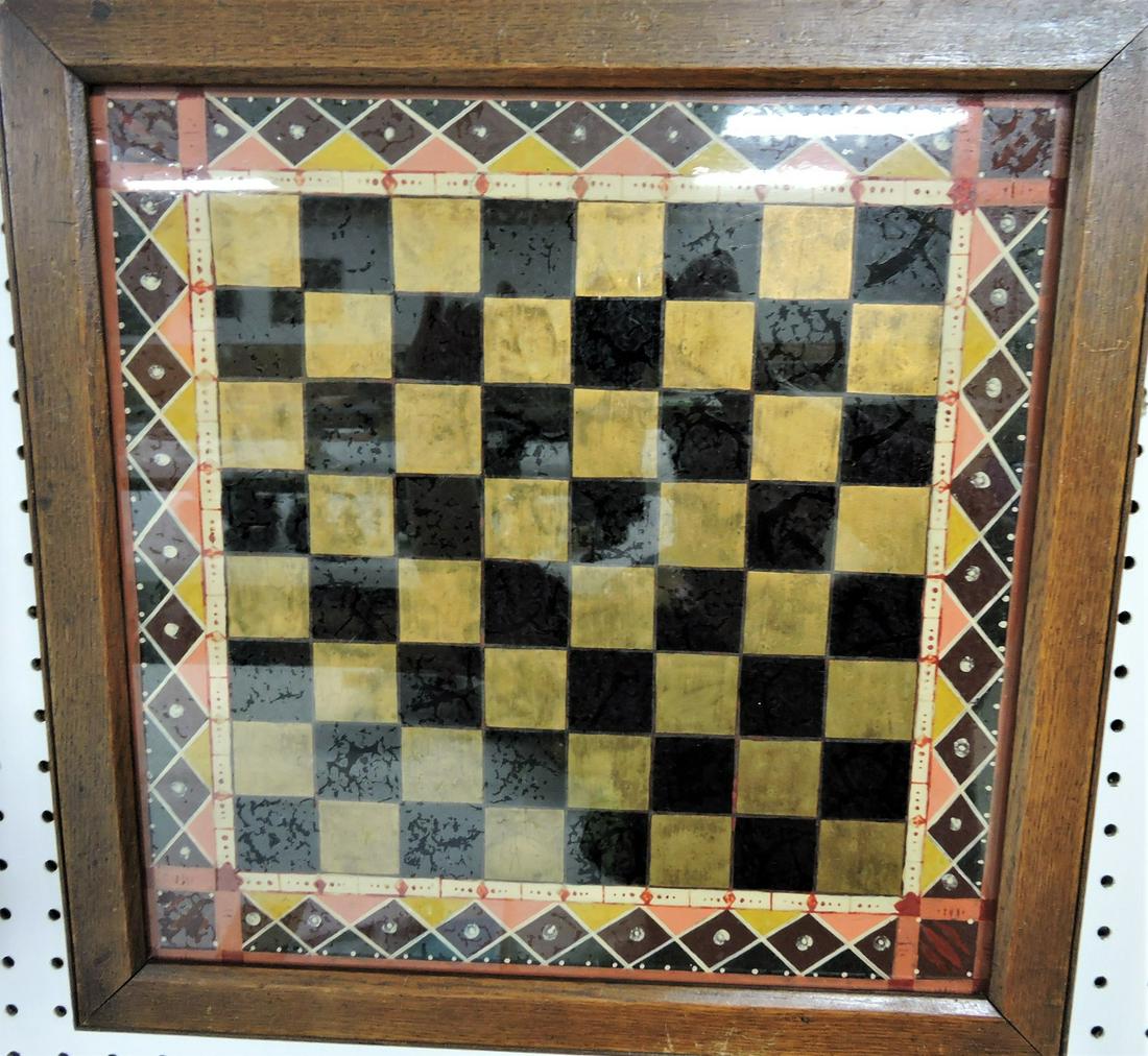 Tinsel art checkerboard in oak frame,: 18 1/2"