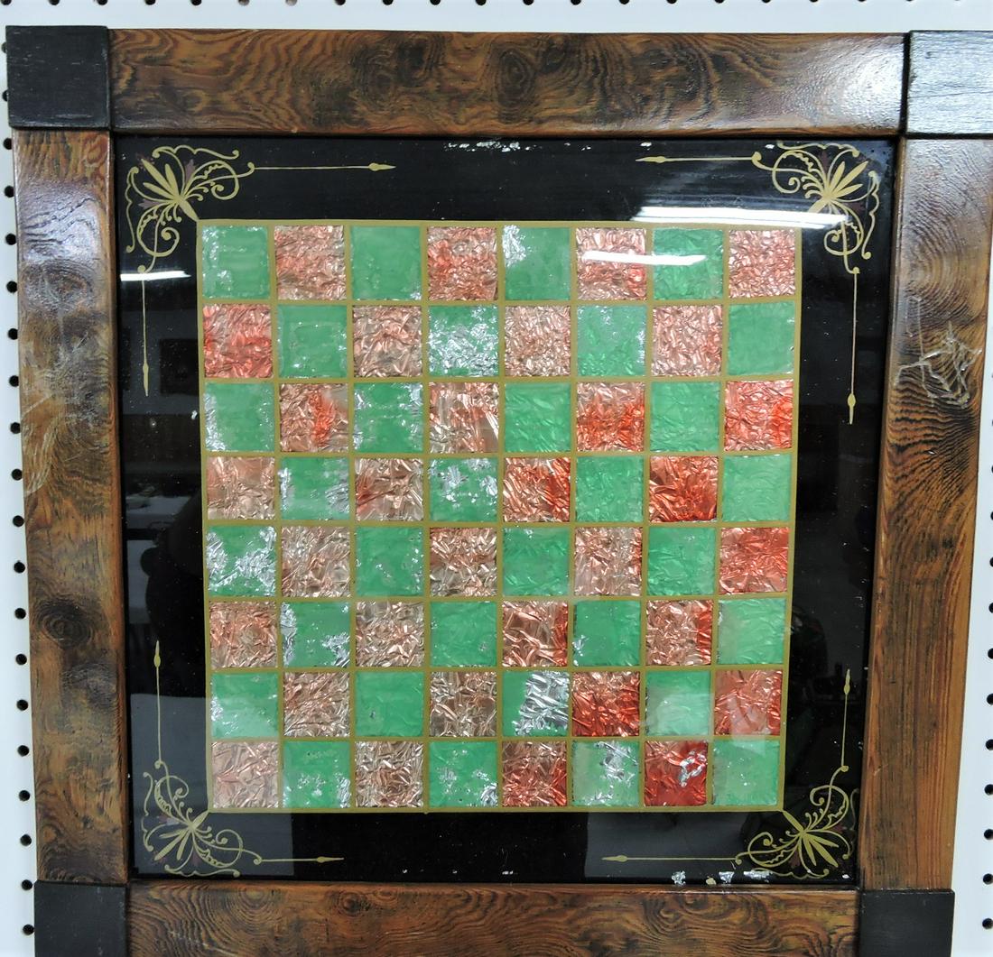Tinsel art checkerboard in wooden frame,: 19"x19"