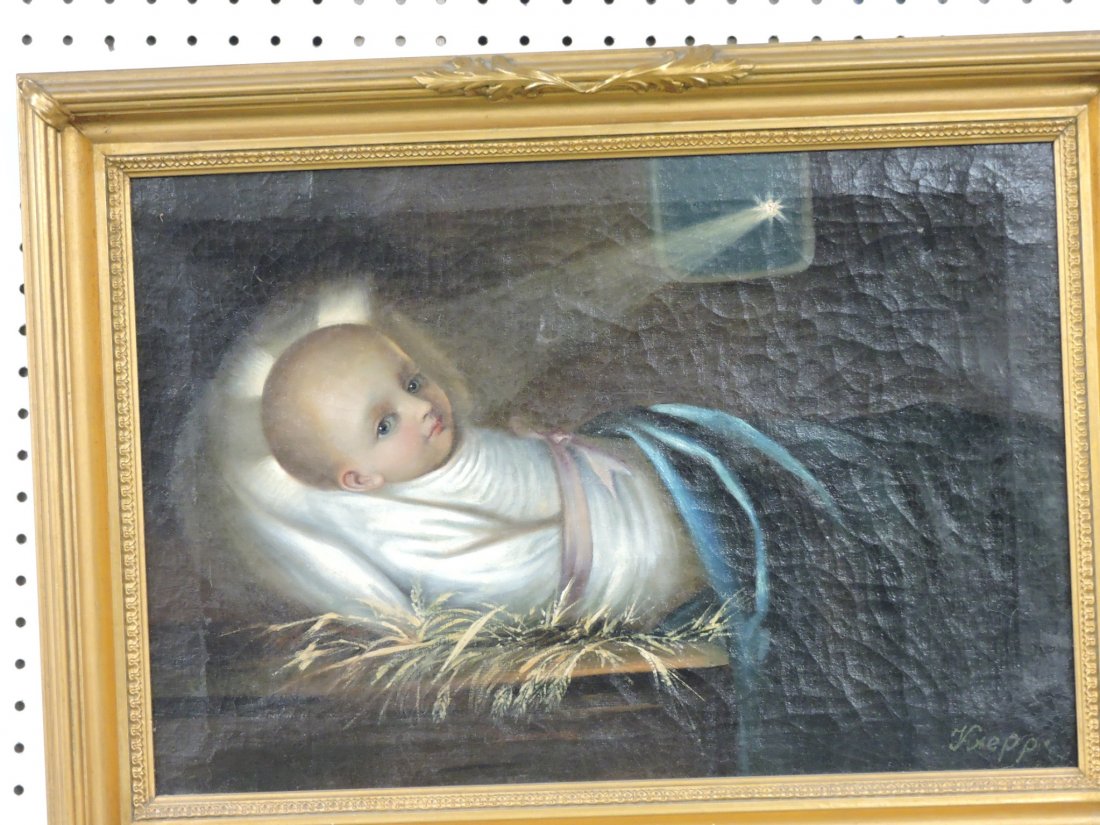 Oil on canvas of baby Jesus in cradle: in manger, signed Kreppo, 14 1/2"x22"