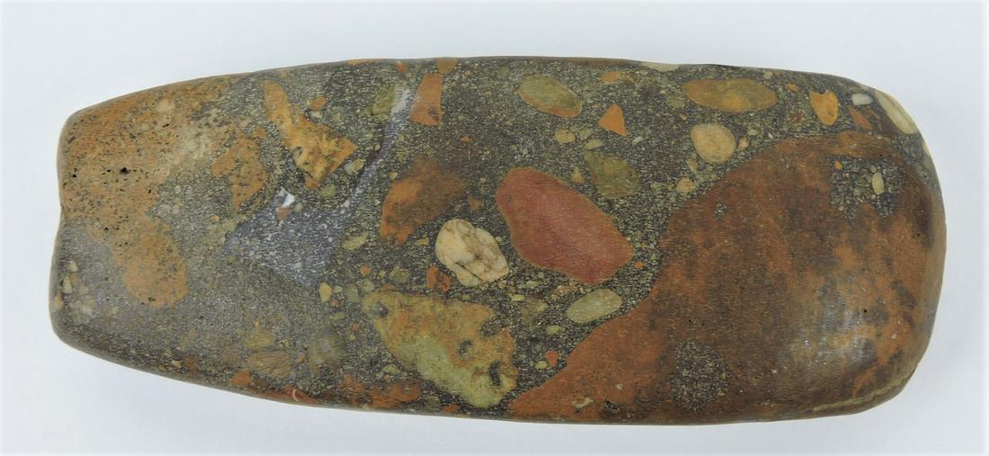 Multi color Conglomerate American Indian stone celt,: Allen Co. Indiana, 7 3/8"