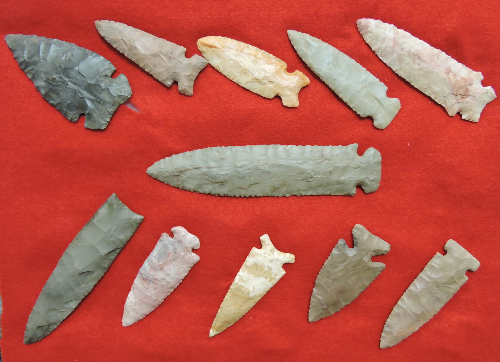 American Indian lot of 12 flint spear: points, 3 1/4 to 7 1/4"