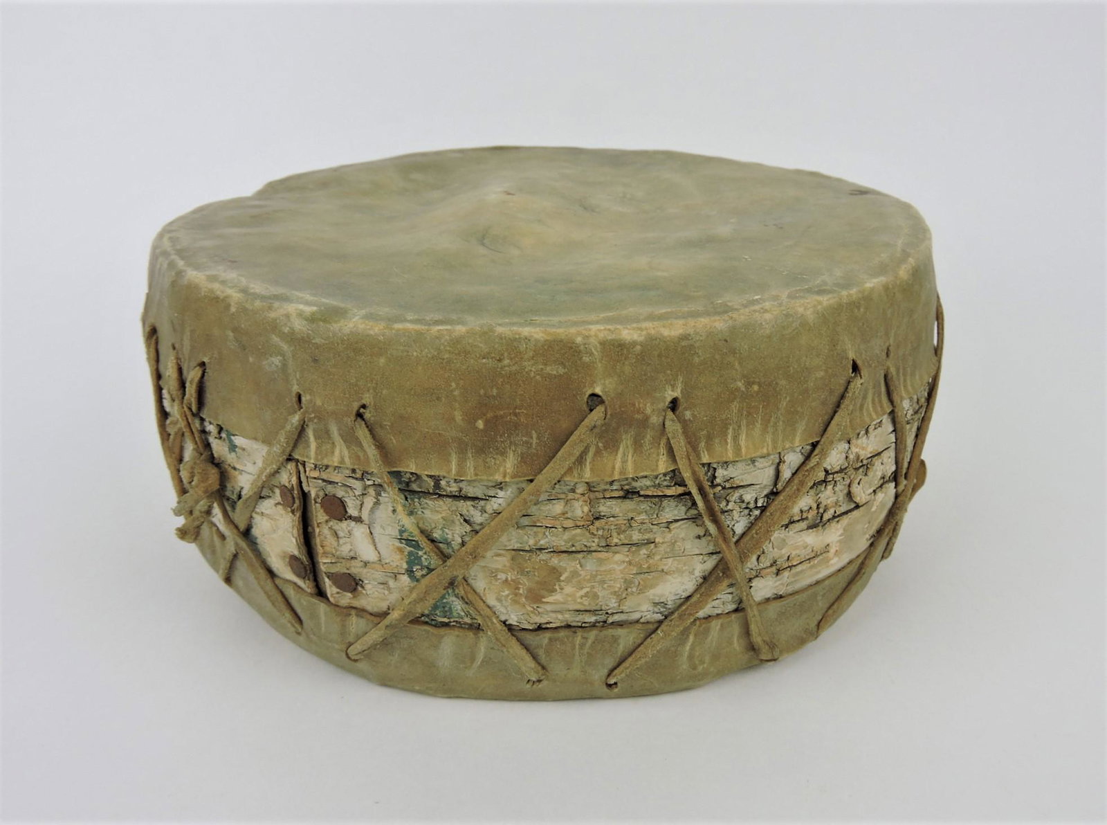 North American Indian white birch: and hide drum, 9"d, 4"h