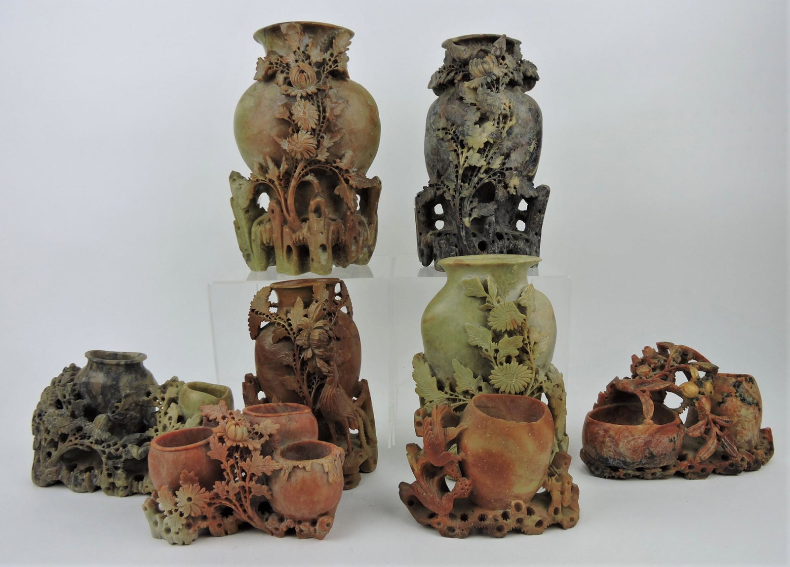 Soapstone lot of 8 vases, 3 1/2 to 9 1/2": .
