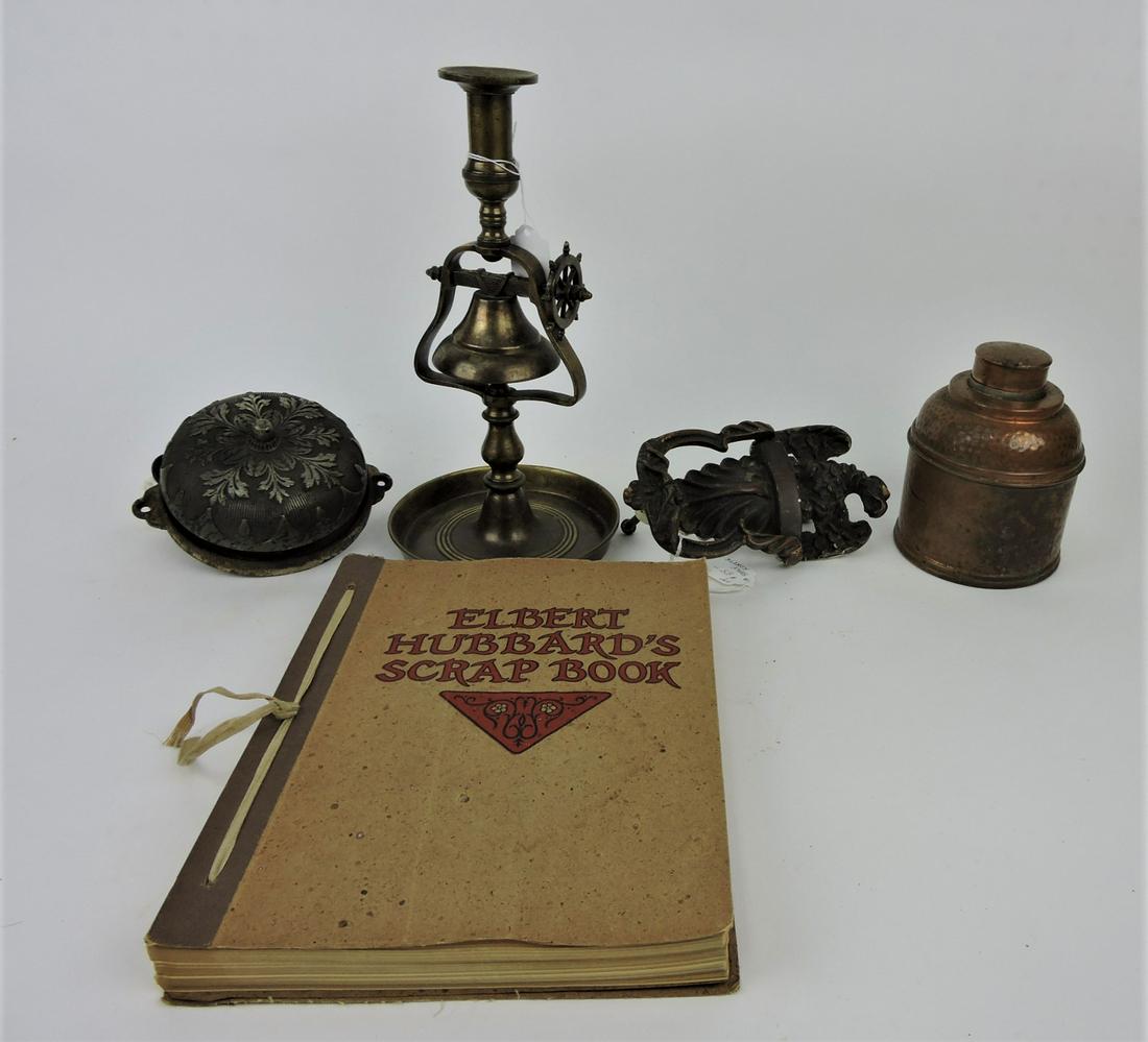 Lot of 5 items: brass doorbell; brass: ship's candle with bell; eagle door knocker; hammered copper humidor; Elbert Hubbard scrapbook