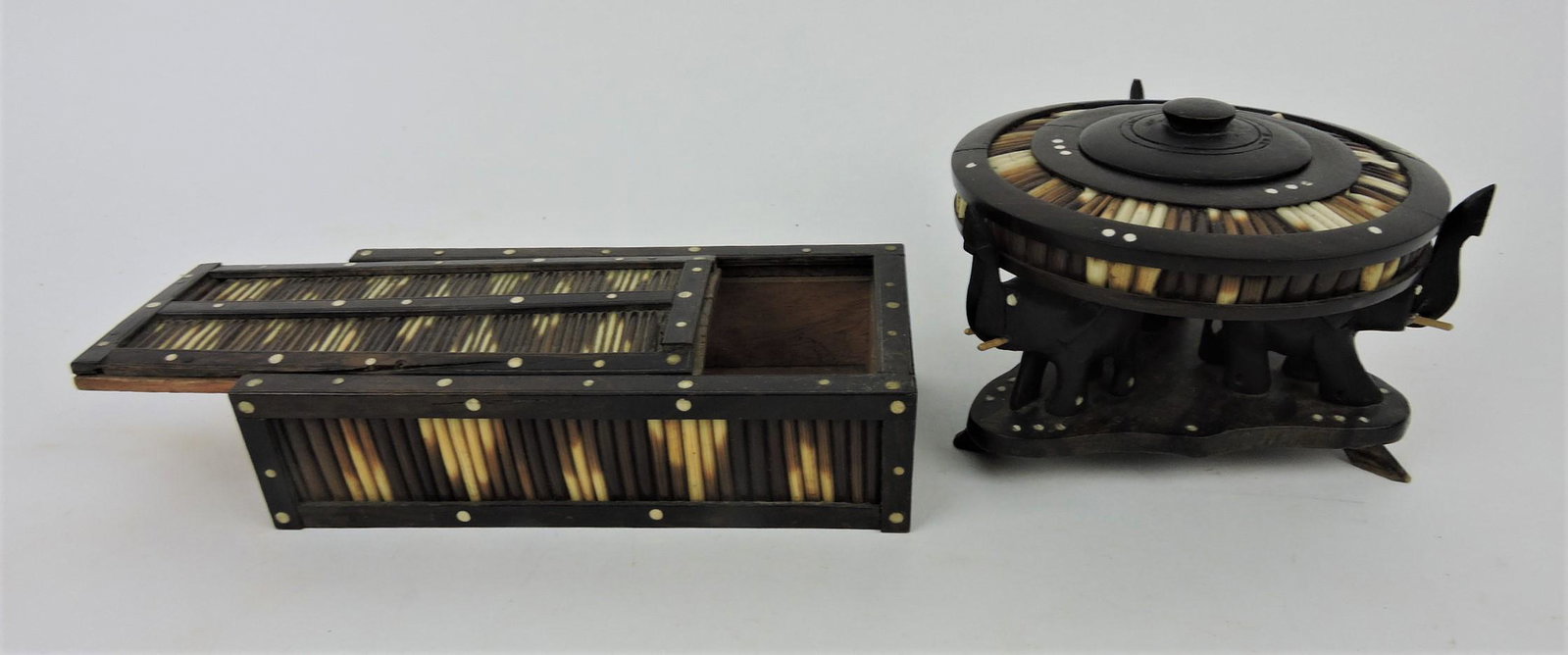 Anglo-Indian porcupine quill trinket: box and small box on elephant stand