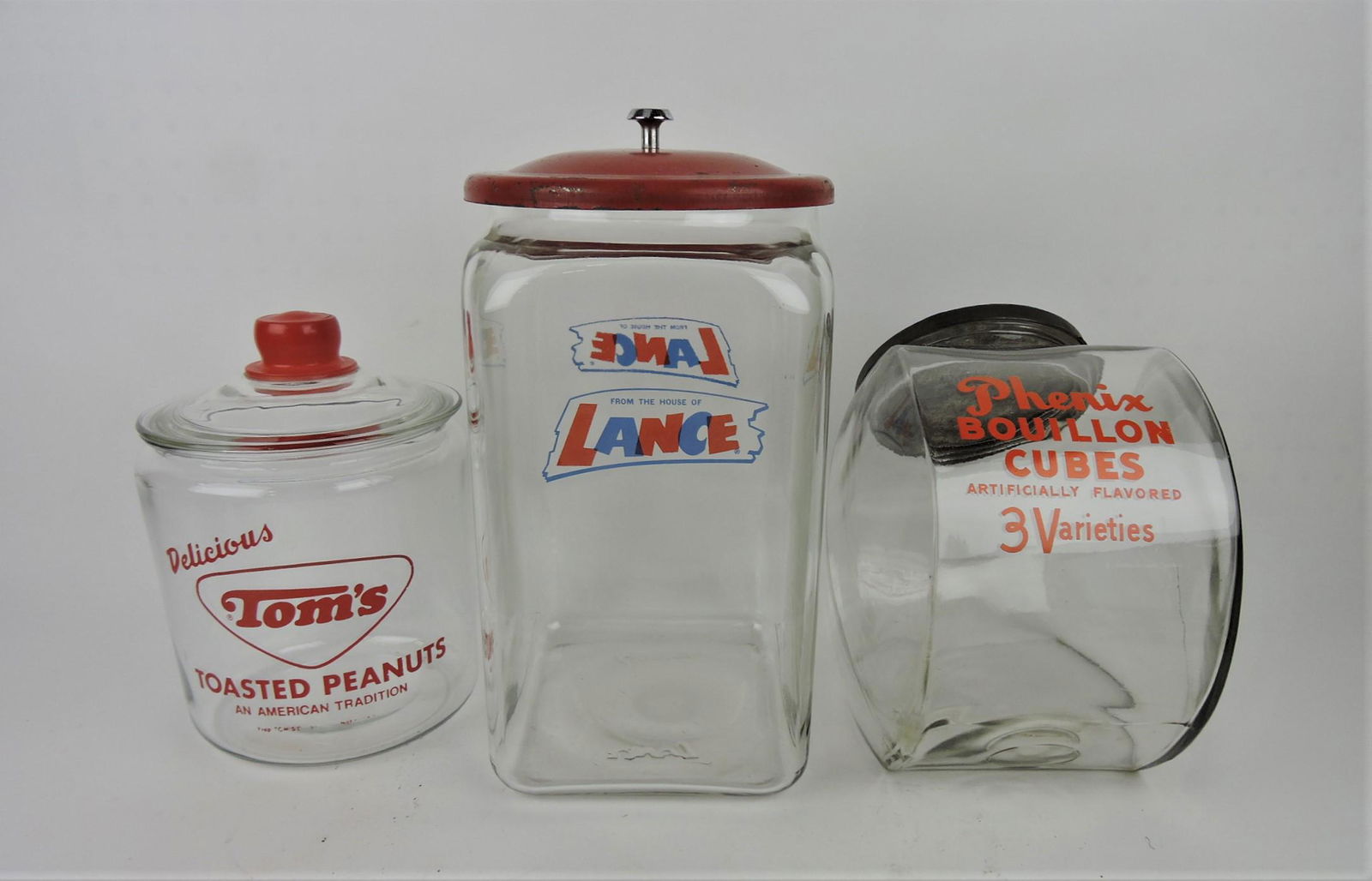 Lot of 3 store canisters - "Toms Toasted: Peanuts", "Lance", "Phoenix Bouillon Cubes"