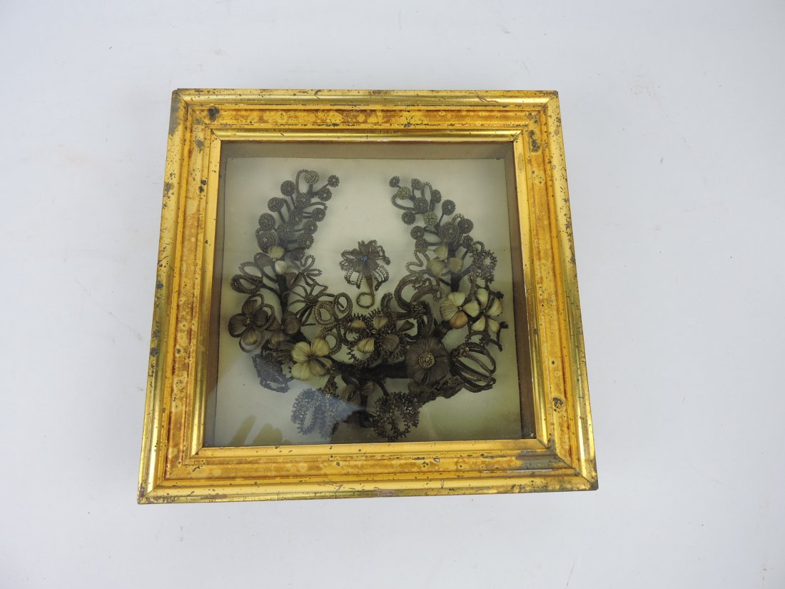 Victorian mourning hair wreath: shadow box, 12" x 12"