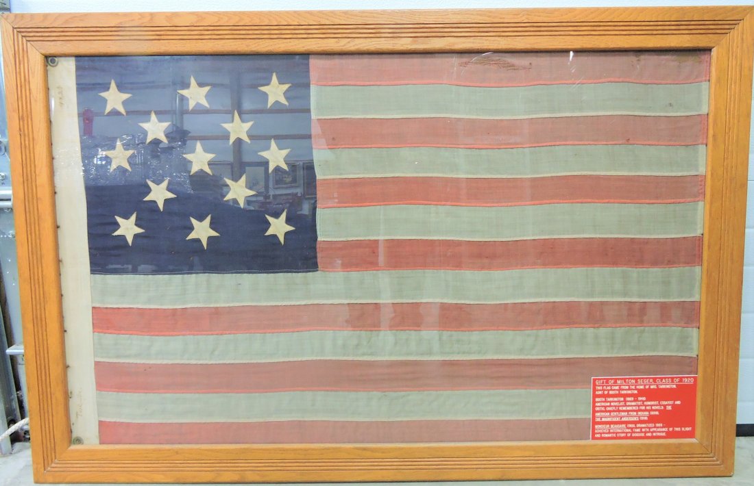 US 13 star flag, circa 1876, machine sewn,: 48" x 30" in oak frame from the family of Booth Tarkington (1869-1946) an Indiana American Novelist, signed Tarkington on hoist side with two brass grommets