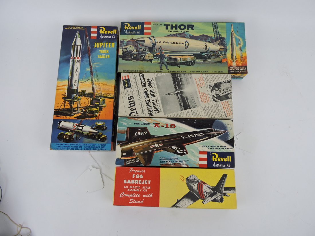 Spaceship and rocket game and: model group; Monogram Missile Arsenal, Milton Bradley Captain Video, Revell models - Thor, X-15, Jupiter, Redstone Booster, Lindberg Satellite, F86 Sabrejet, Hawk Jupiter-C, Aurora Requlus II, Monogra