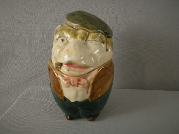 Majolica Figural monkey in suit with cap humidor,: Majolica Figural monkey in suit with cap humidor, 6"