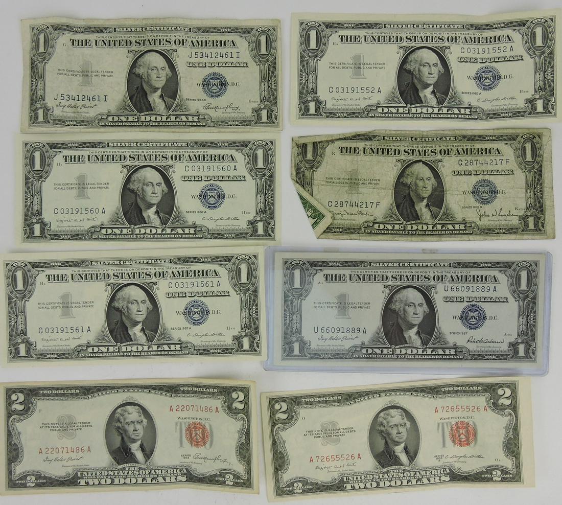 Lot of 6 - $1 silver certificates and 2 - $2: red seal notes, some CU