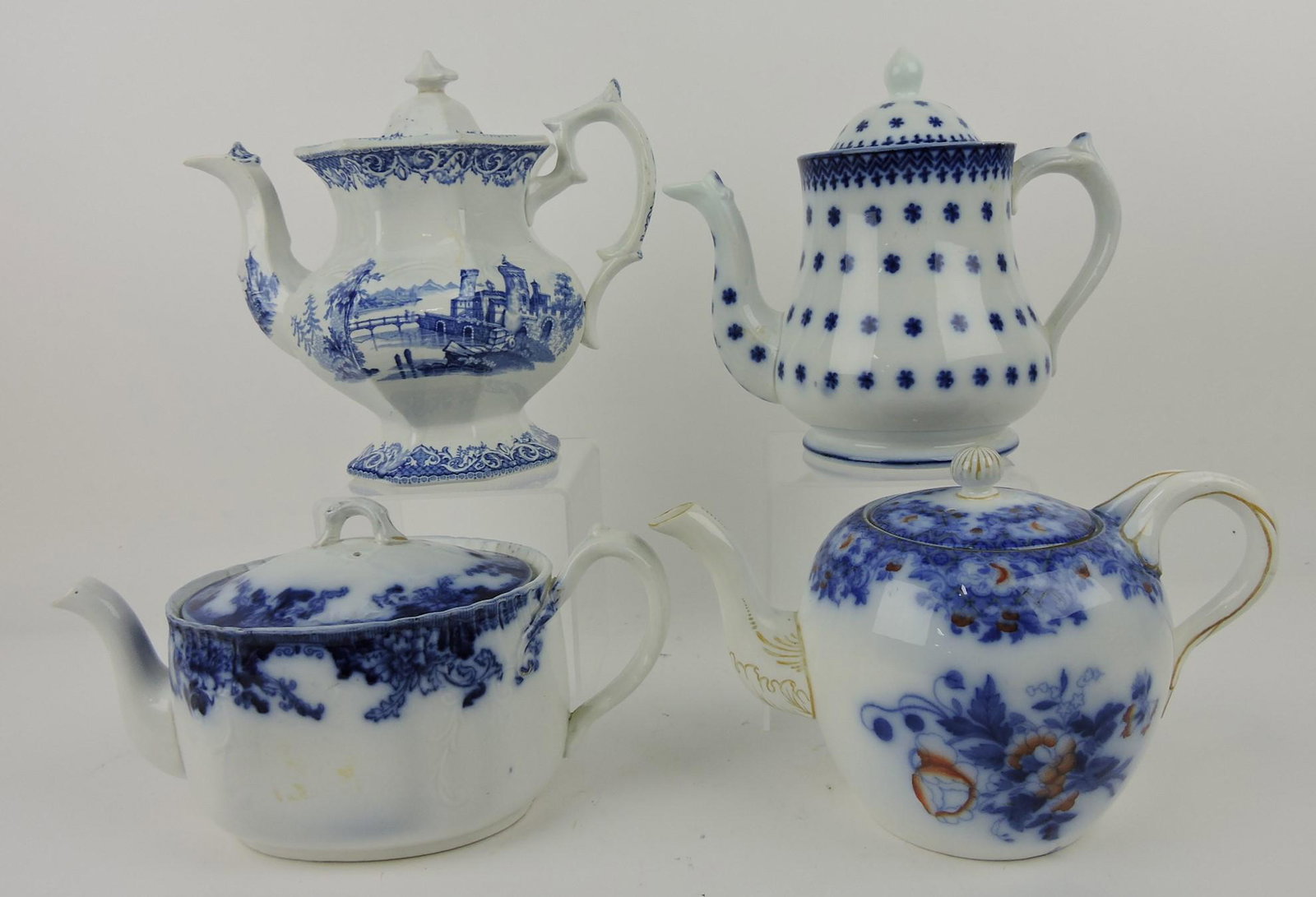 Flow Blue and Staffordshire lot of 4: coffee and teapots, various condition