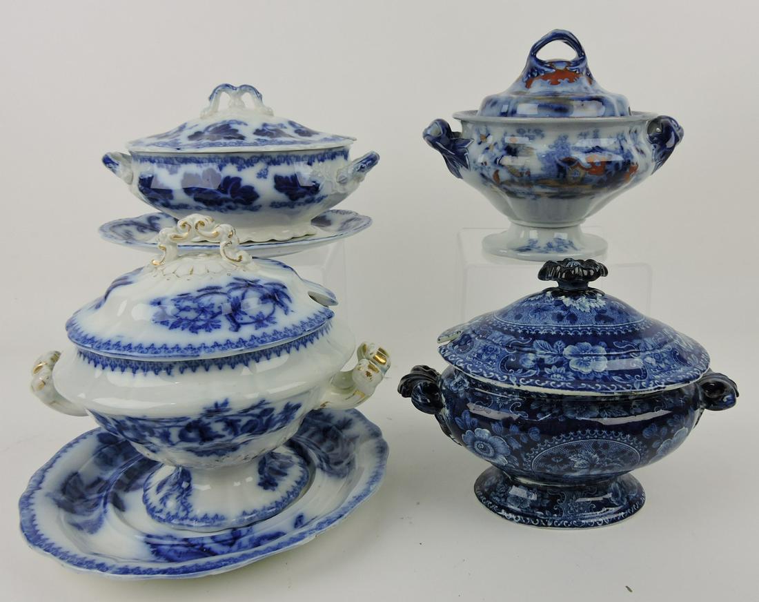 Flow Blue lot of 4 sauce tureens, various (1 of 1)