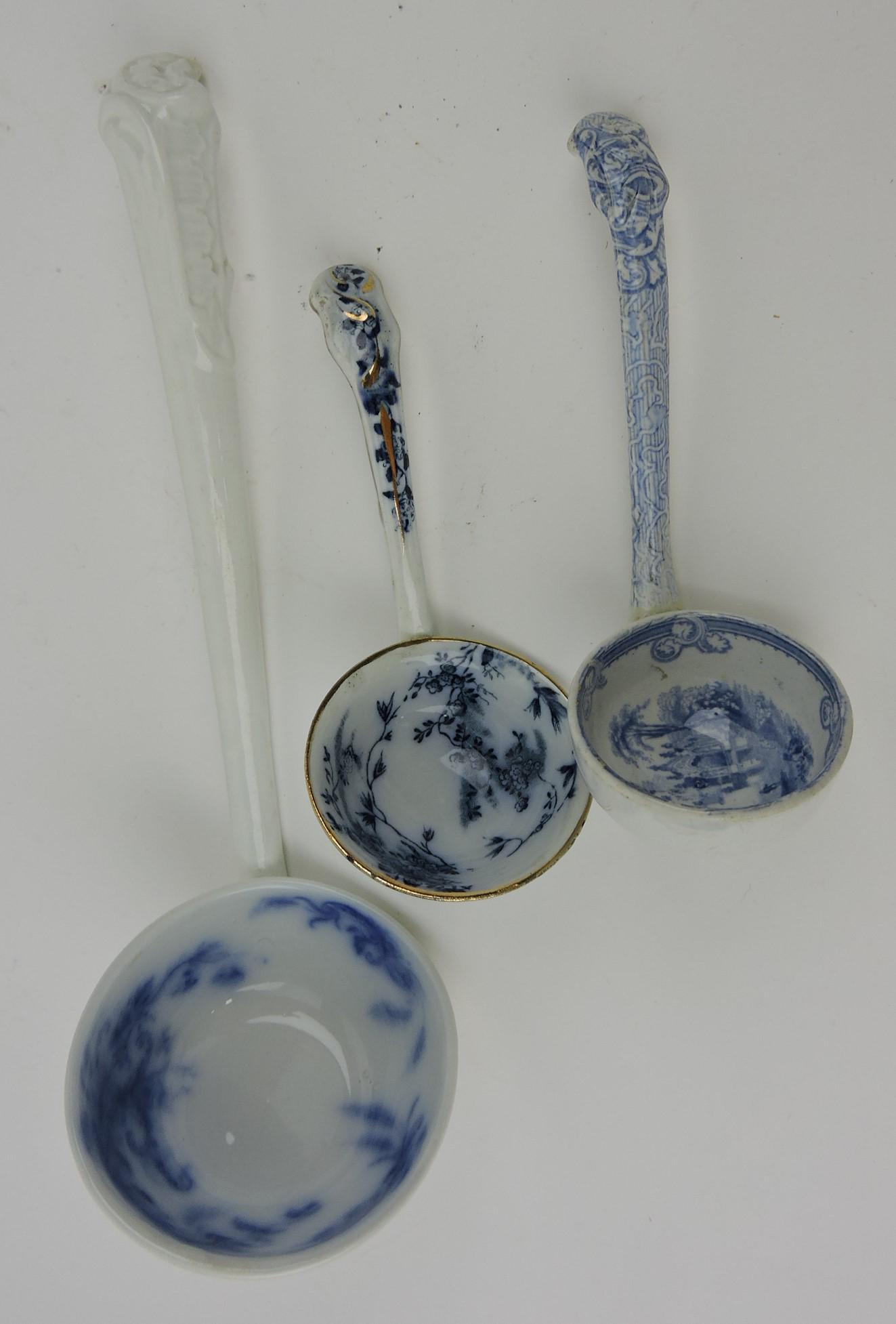 Flow Blue and Staffordshire lot of 3: soup and sauce tureen ladles, various condition