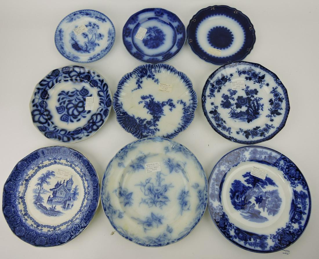 Flow Blue lot of 9 plates with Oriental: motif, various condition