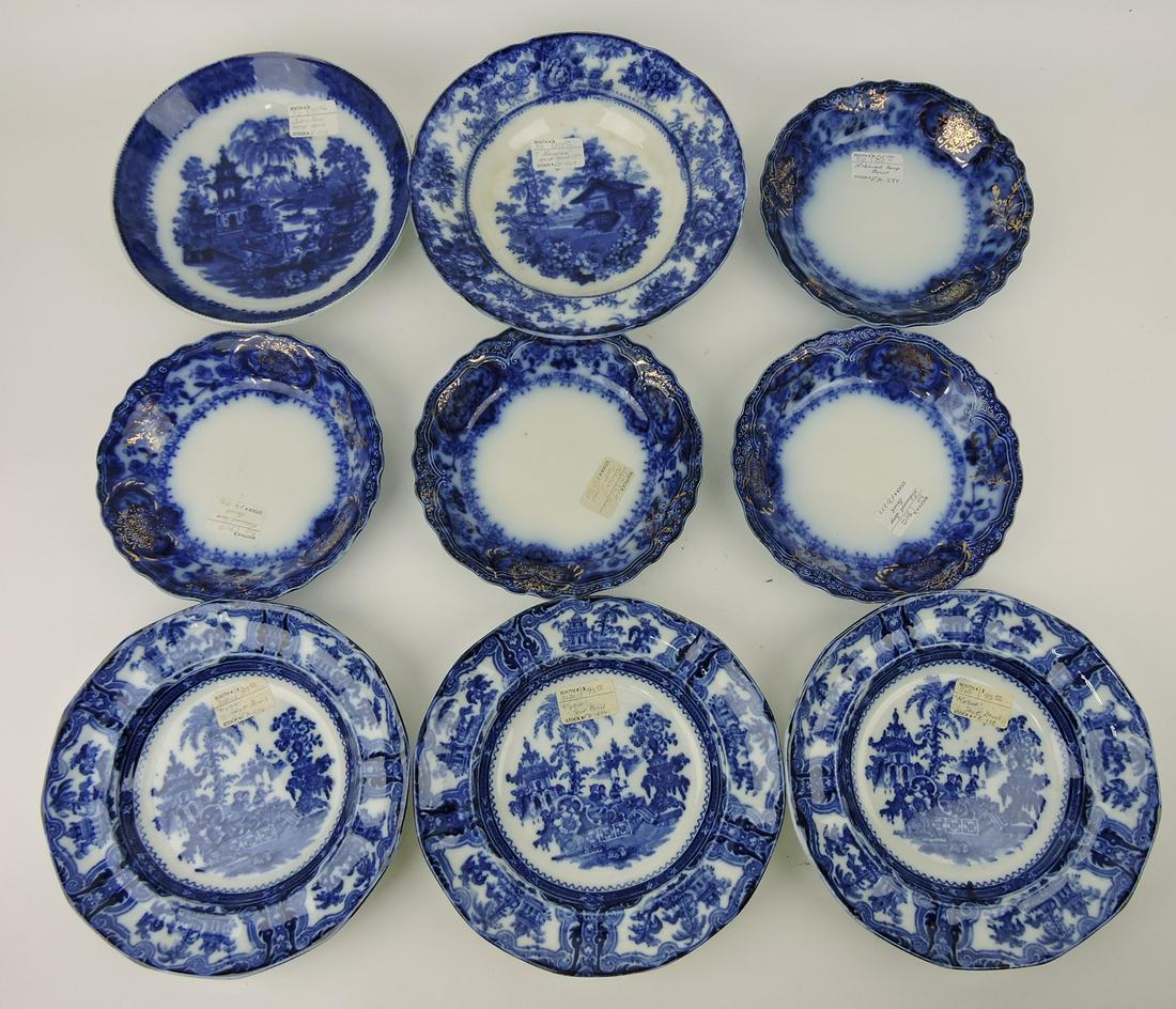 Flow Blue lot of 9 soup bowls, various: condition