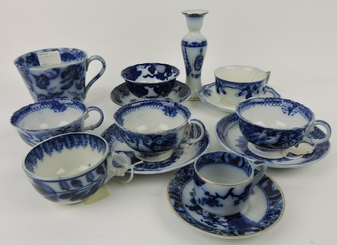 Flow Blue lot of cups & saucers, and: candle sticks, various condition