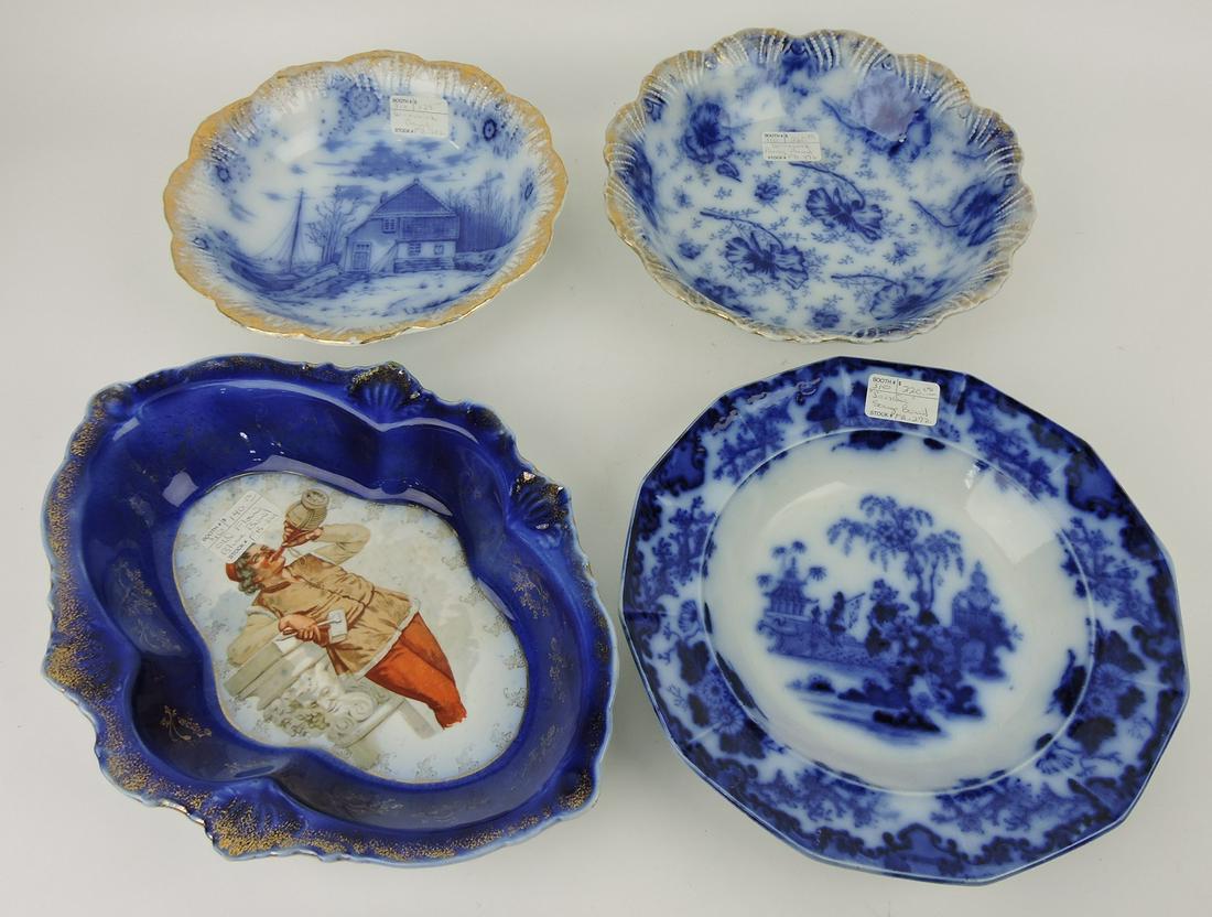 Flow Blue lot of 4 bowls, various: condition