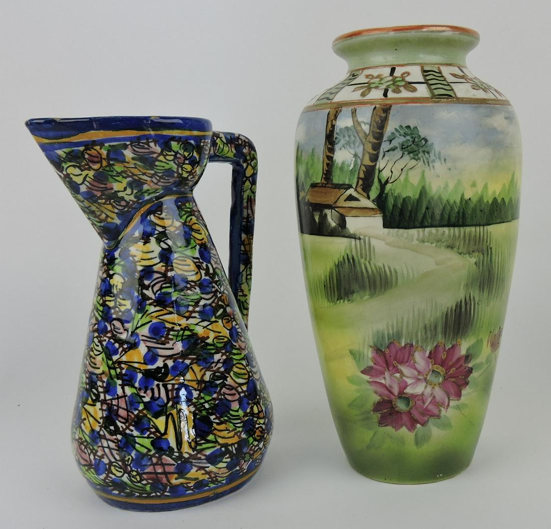Italian 8" jug (nick) and 9 1/2" Nippon: style vase