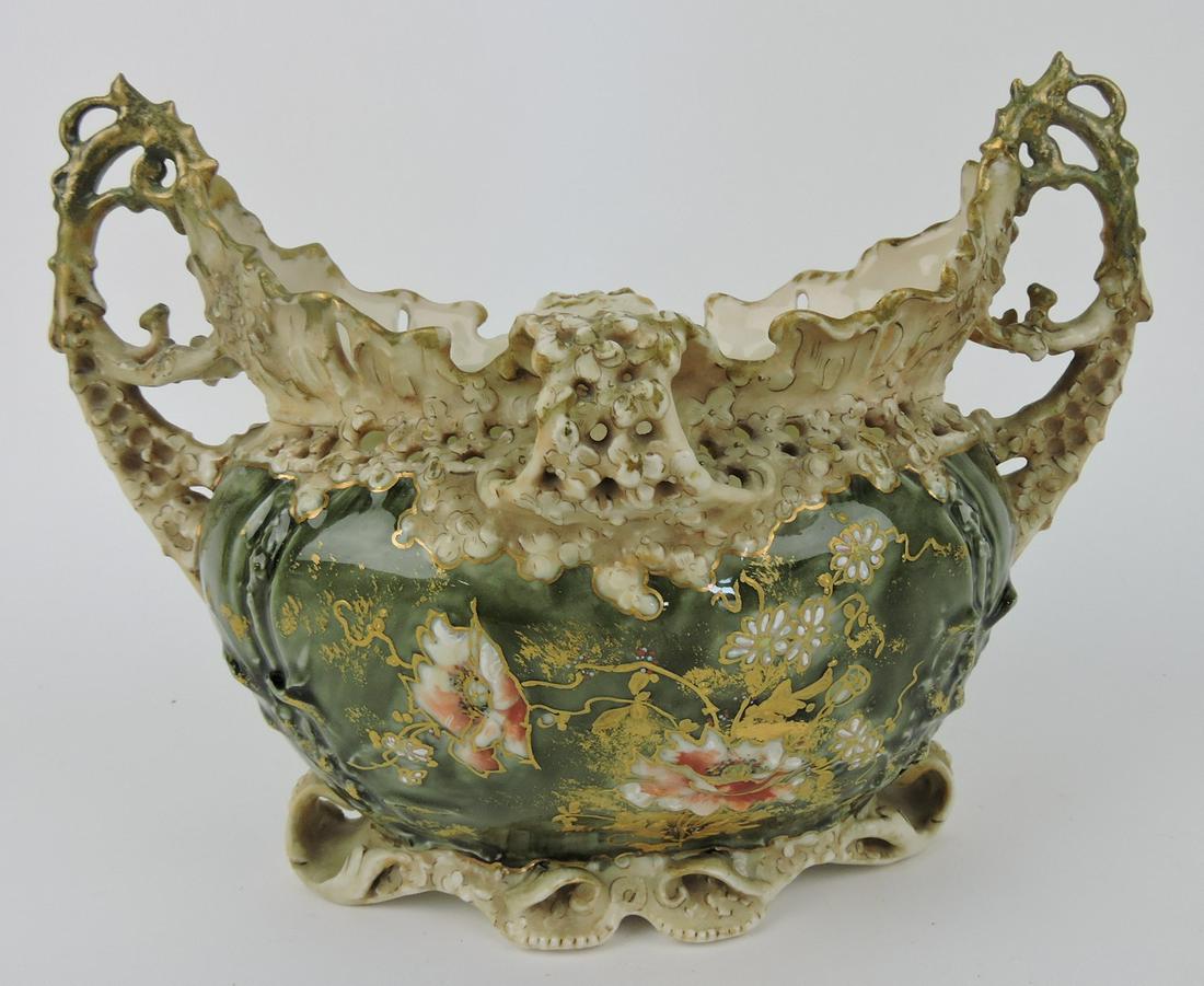 Zsolnay (attributed) reticulated two: handled planter, 10"w, 8"h