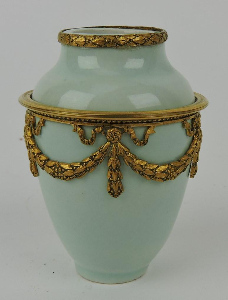 Miniature porcelain vase with brown ormolu,: 2 3/4"