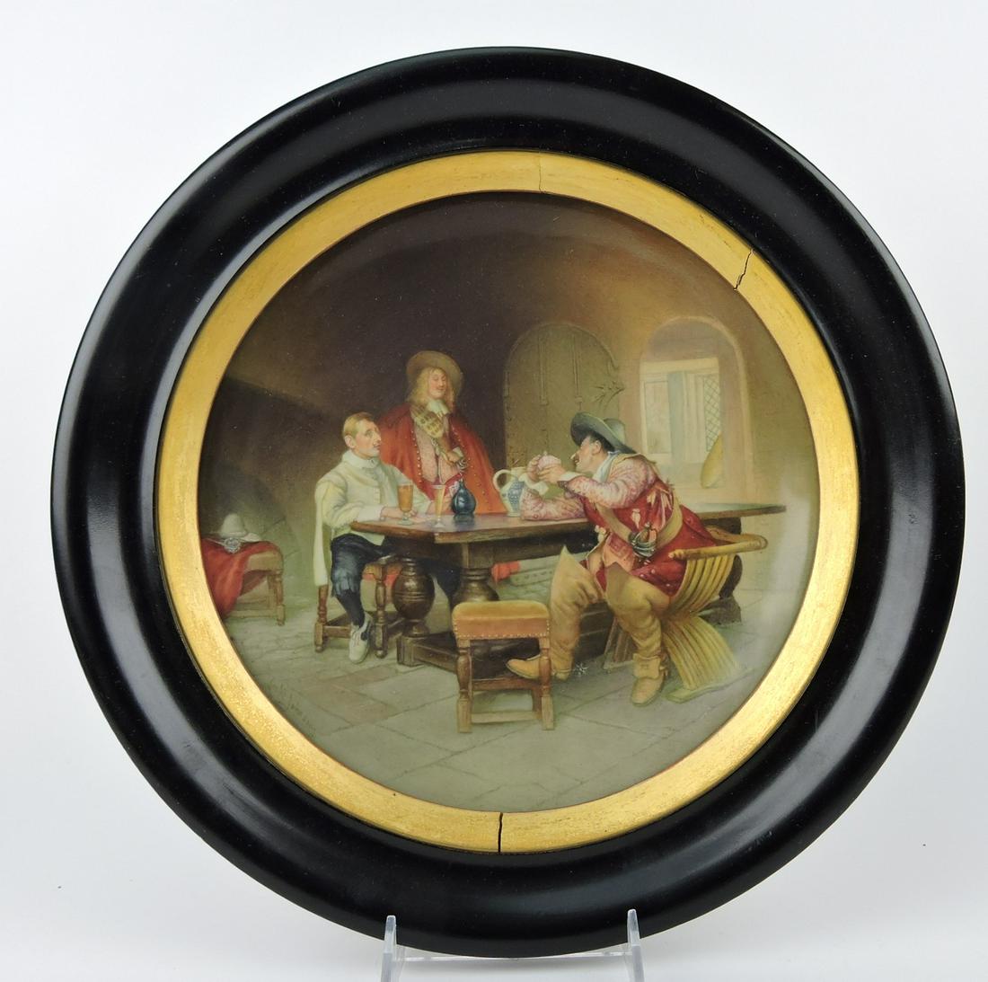 Brownfield English porcelain charger with: tavern scene in wooden frame, plate 11", frame 14"