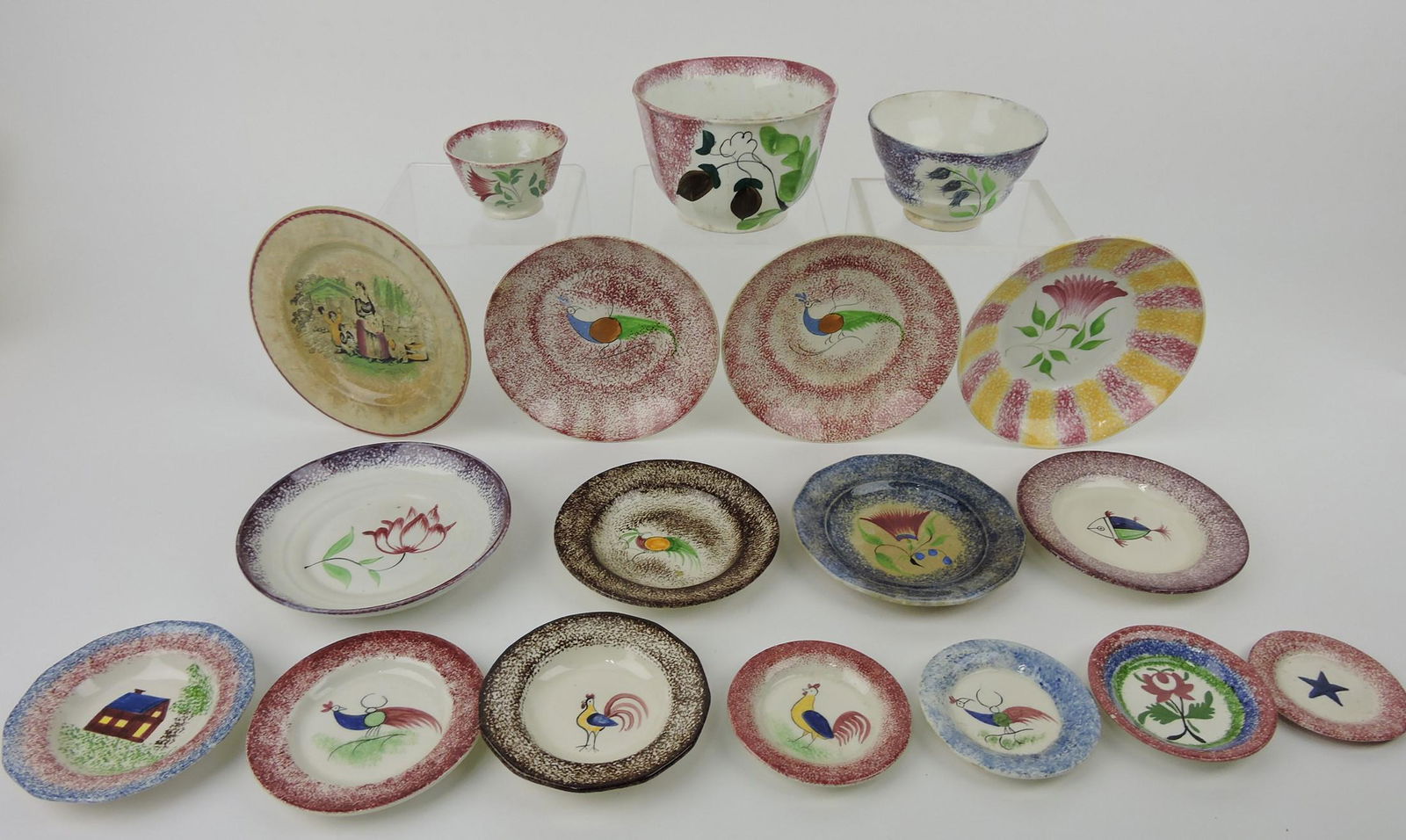 Spatterware lot of 18 cups, plates, (1 of 1)
