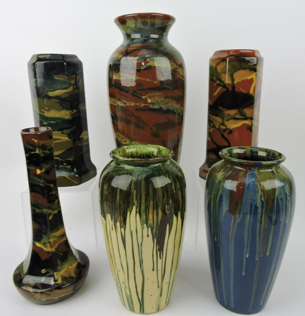 Art pottery lot of 6 mottled vases, (1 of 1)