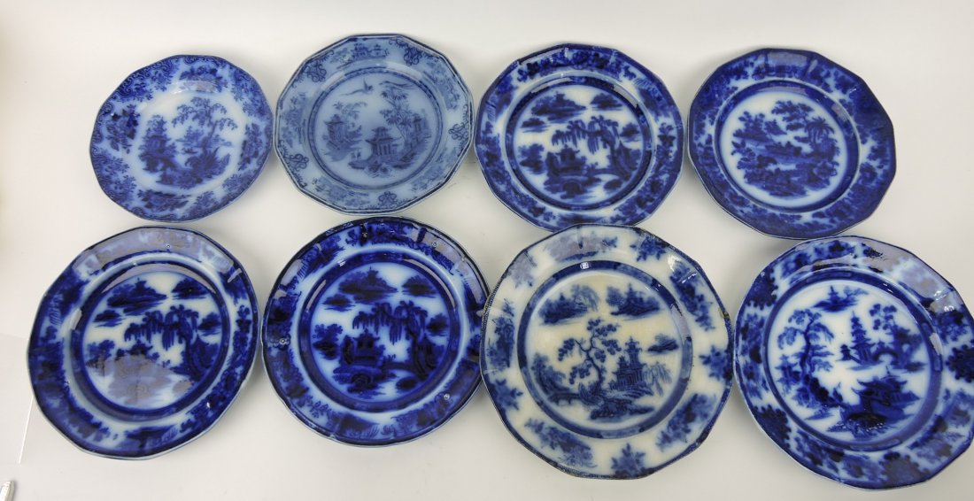Flow blue lot of 8 plates, various: condition