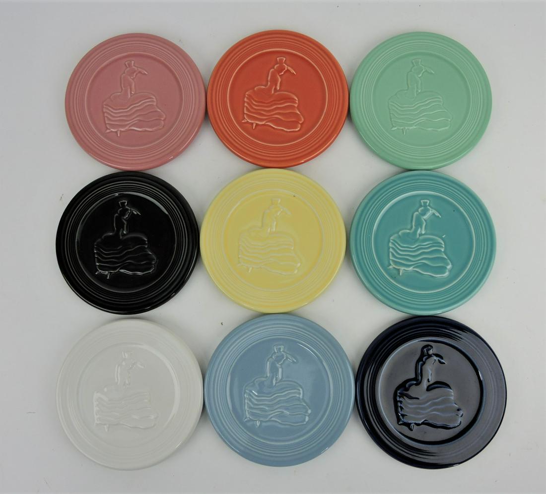 Fiesta Post 86 lot of 9 Dancing Lady: tea trivets, all different colors