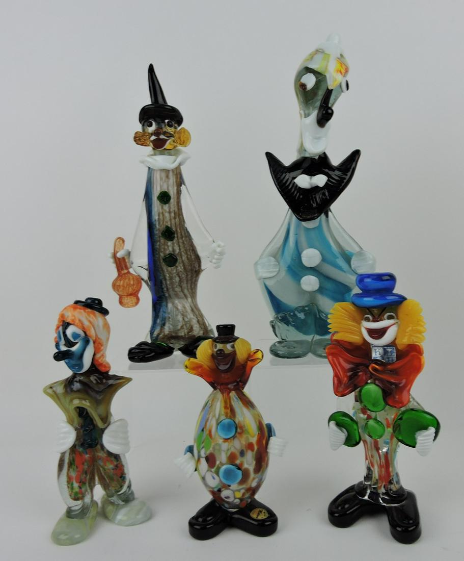Murano lot of 5 glass clowns, 7 to 12 1/2": .