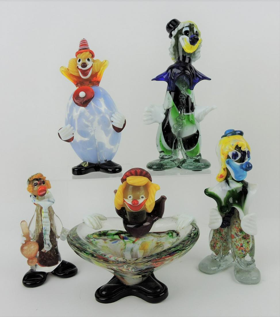 Murano lot of 5 glass clowns, 6 to 10": .