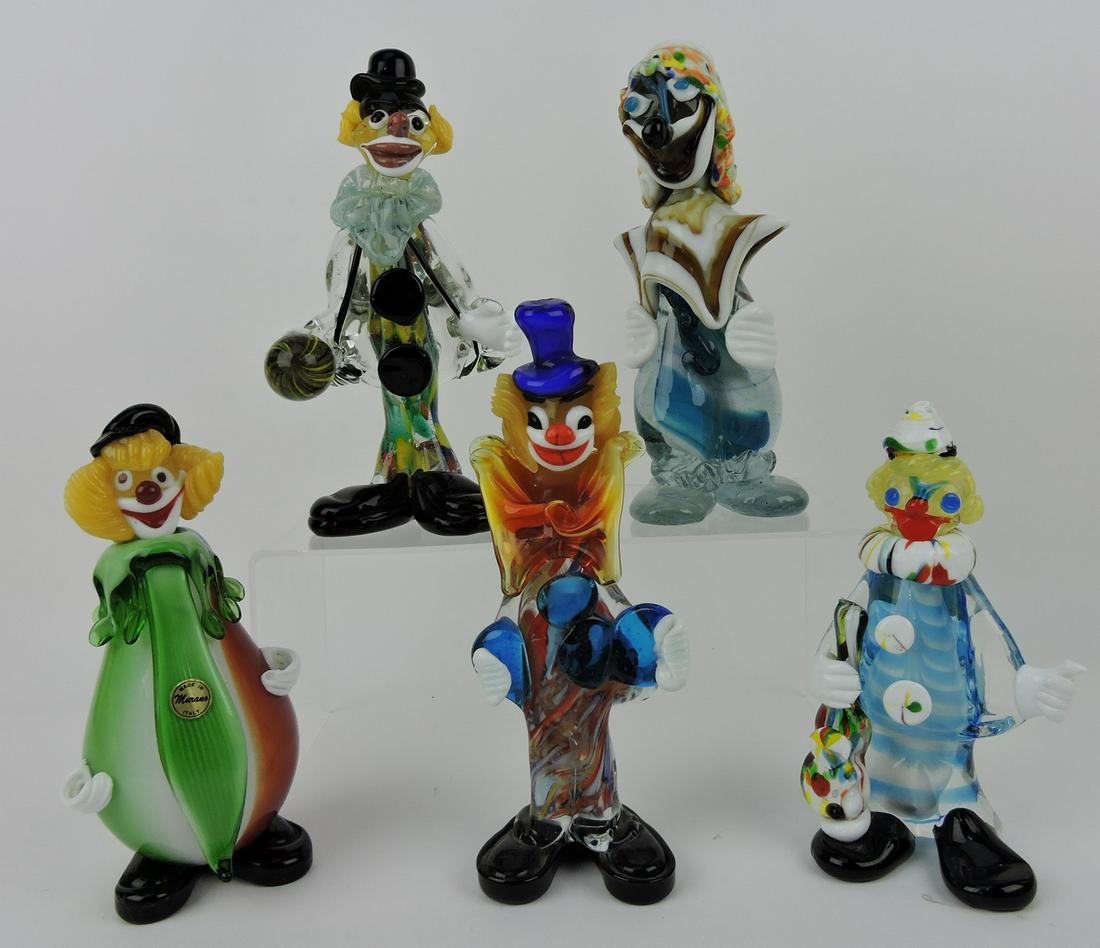 Murano lot of 5 glass clowns, 7 1/2 to 9": .