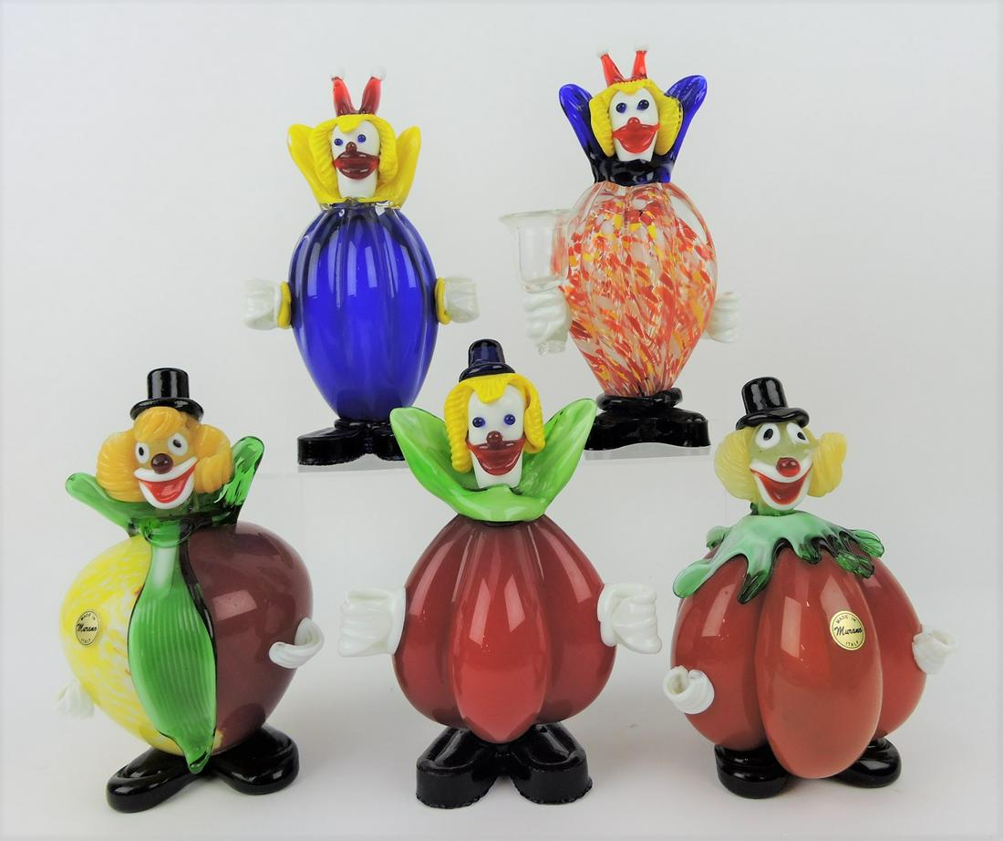 Murano lot of 5 glass clowns, 7 to 9": .