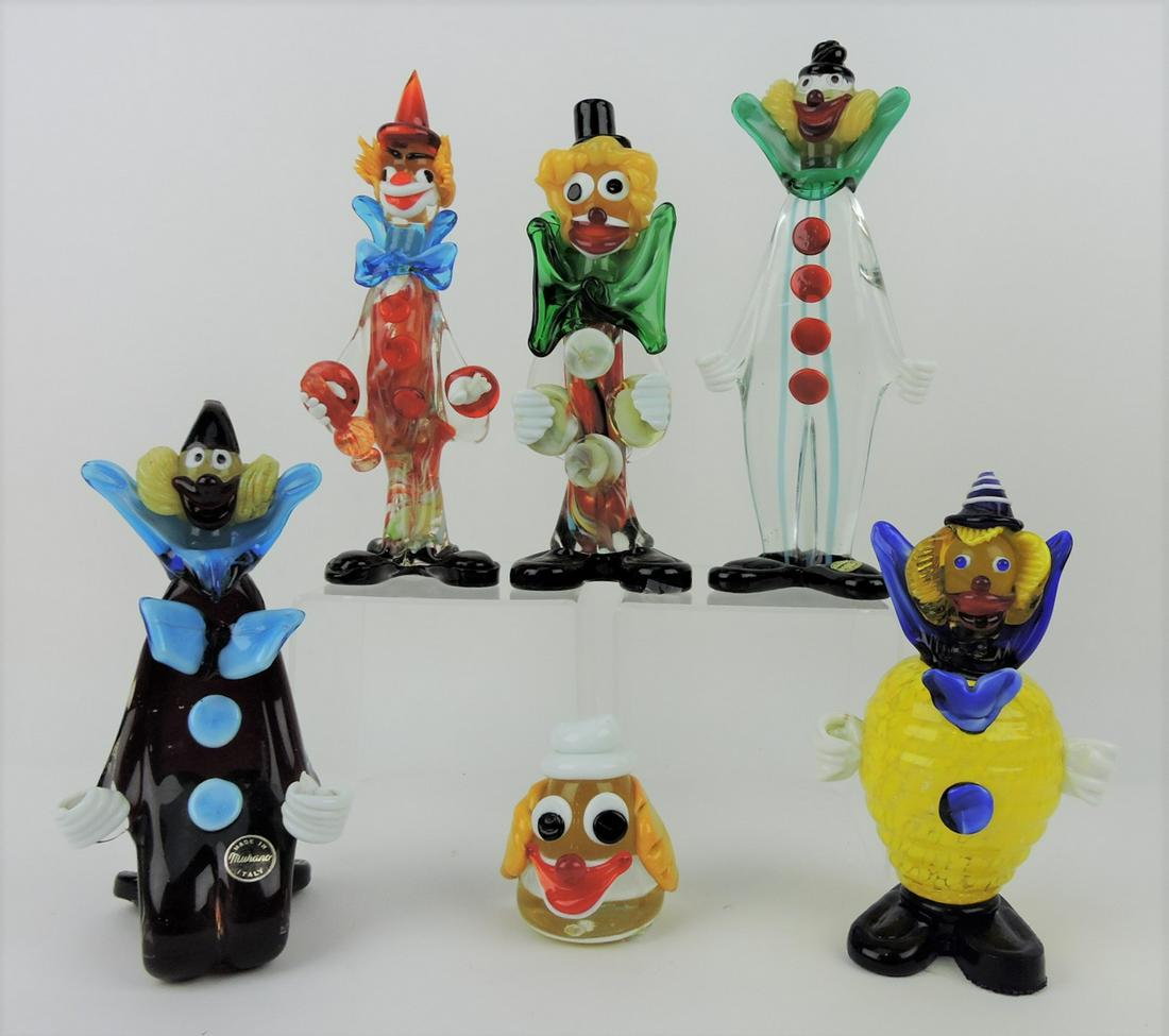 Murano lot of 6 glass clowns, 3 1/2 to: 10 1/2"