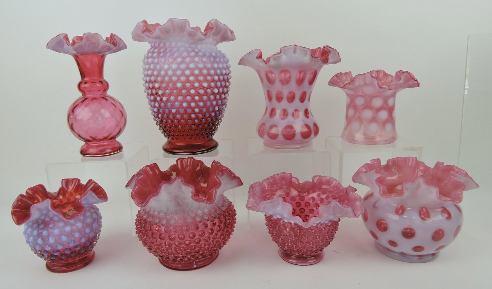 Fenton cranberry opalescent lot of: 8 vases