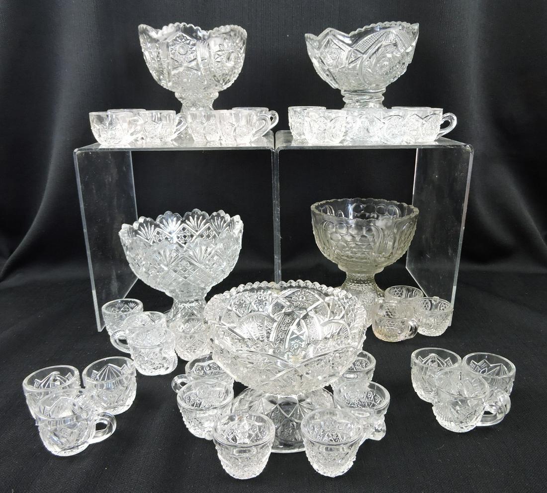 EAPG children's lot of 5 punch sets,: each with 6 punch cups, Oval Star, Tulip & Honeycomb, Cambridge Wheat Sheaf, Buzz Star Whirligig, Thumbelina, 6 cups - Rex