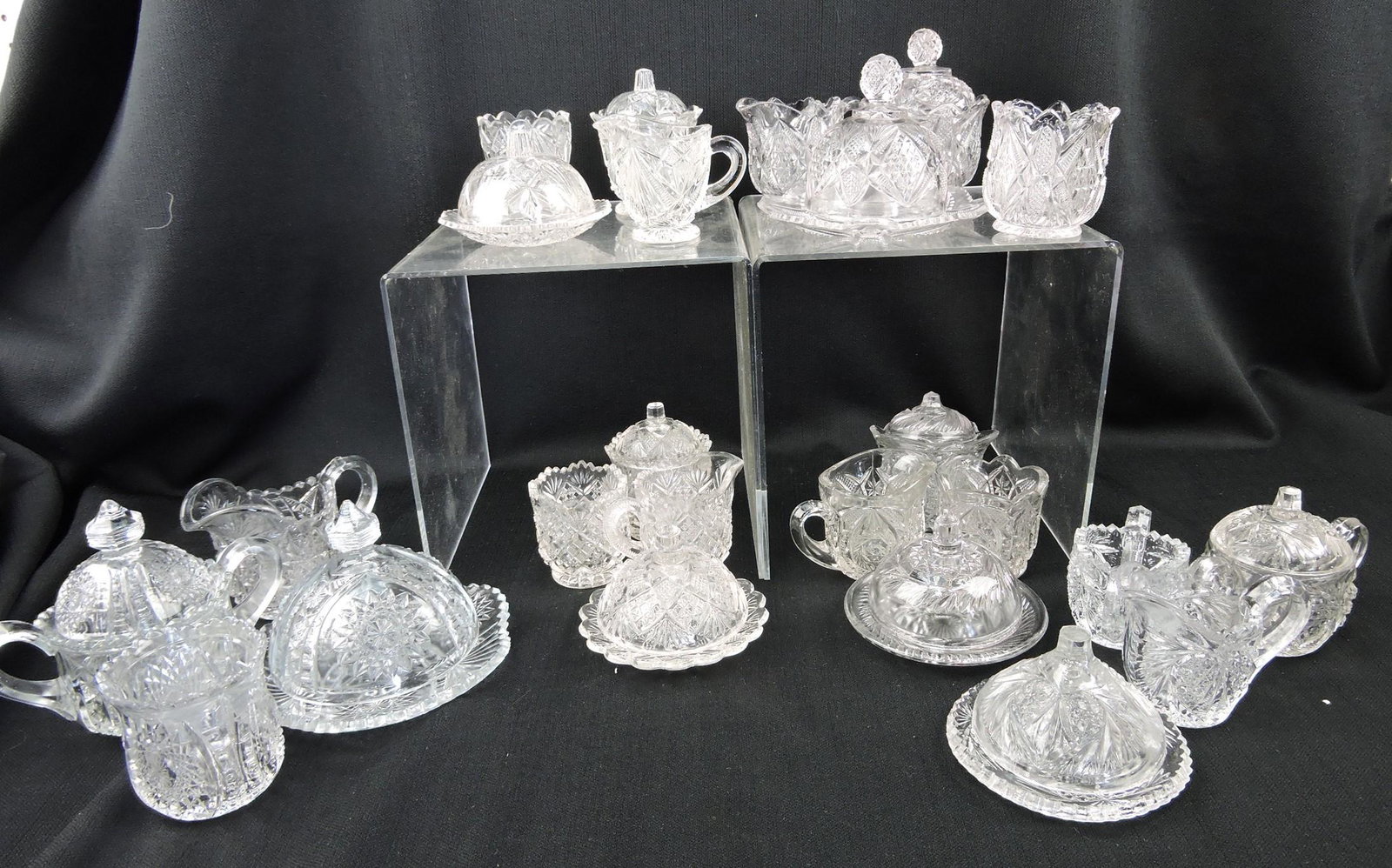 EAPG children's lot of 6 - 4 piece table: sets: Buzz Star Whirligig, Thumbelina, Oval Star 300, Rex, Cambridge Sweetheart, Pennsylvania