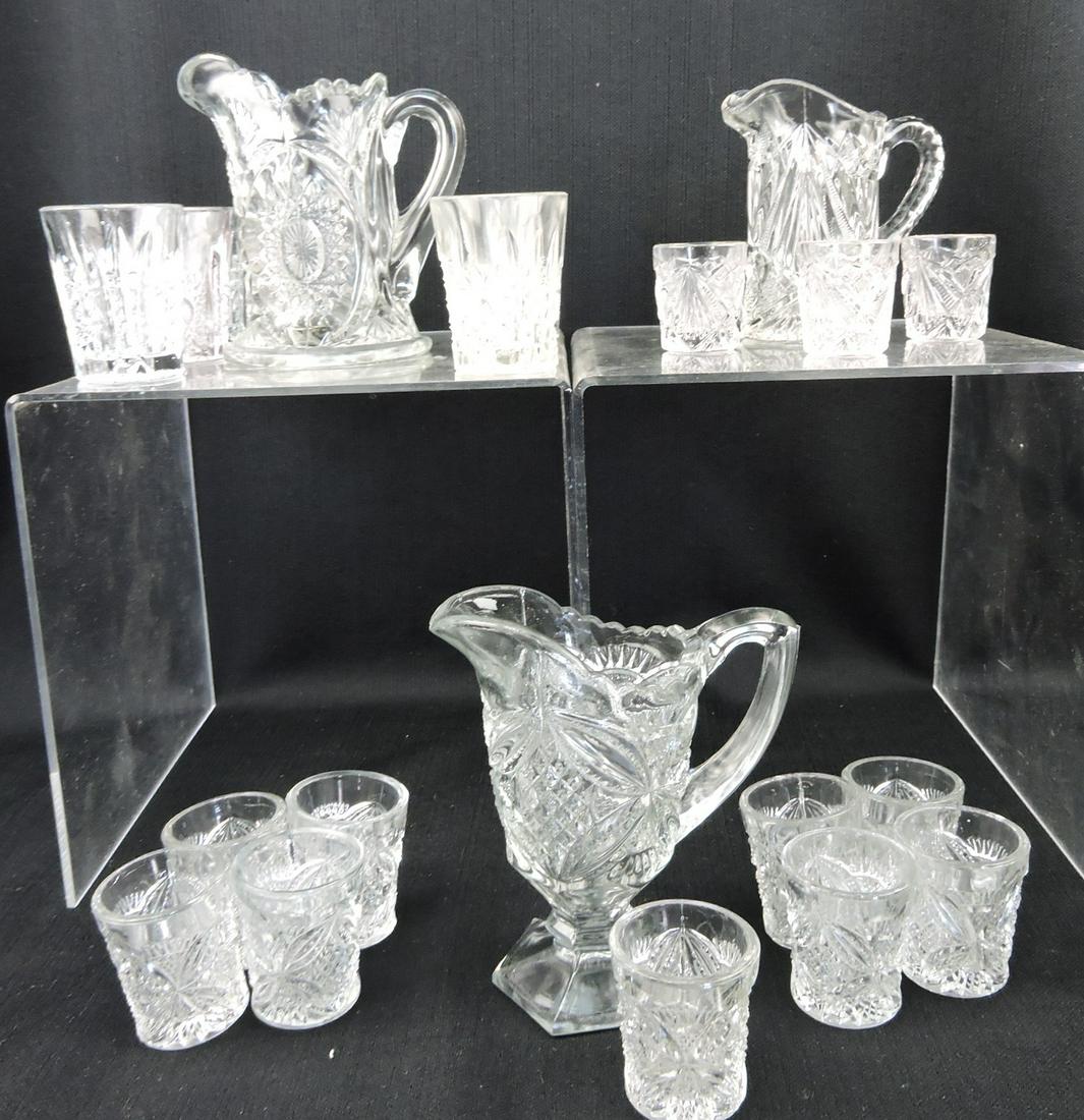EAPG children's lot of 3 water sets:: Oval Star (pitcher, 6 glasses), Rex (pitcher, 3 glasses), Pattee Cross (pitcher, 9 glasses)