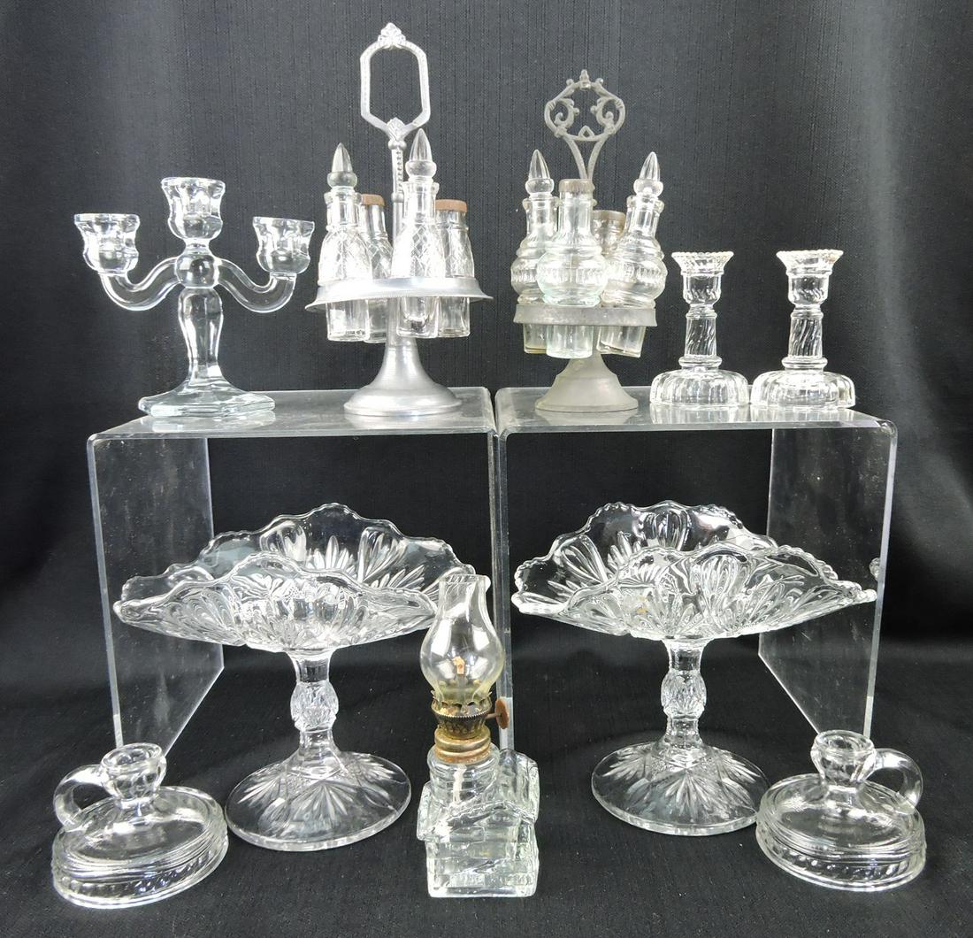 EAPG children's lot : Bonded Swirl pair: low candlesticks, log cabin miniature oil lamp, 2 - fine cut star and fan banana stands, 3 lite candlestick, Swirl stemmed pair candlesticks, Draped castor set, Quilted castor set