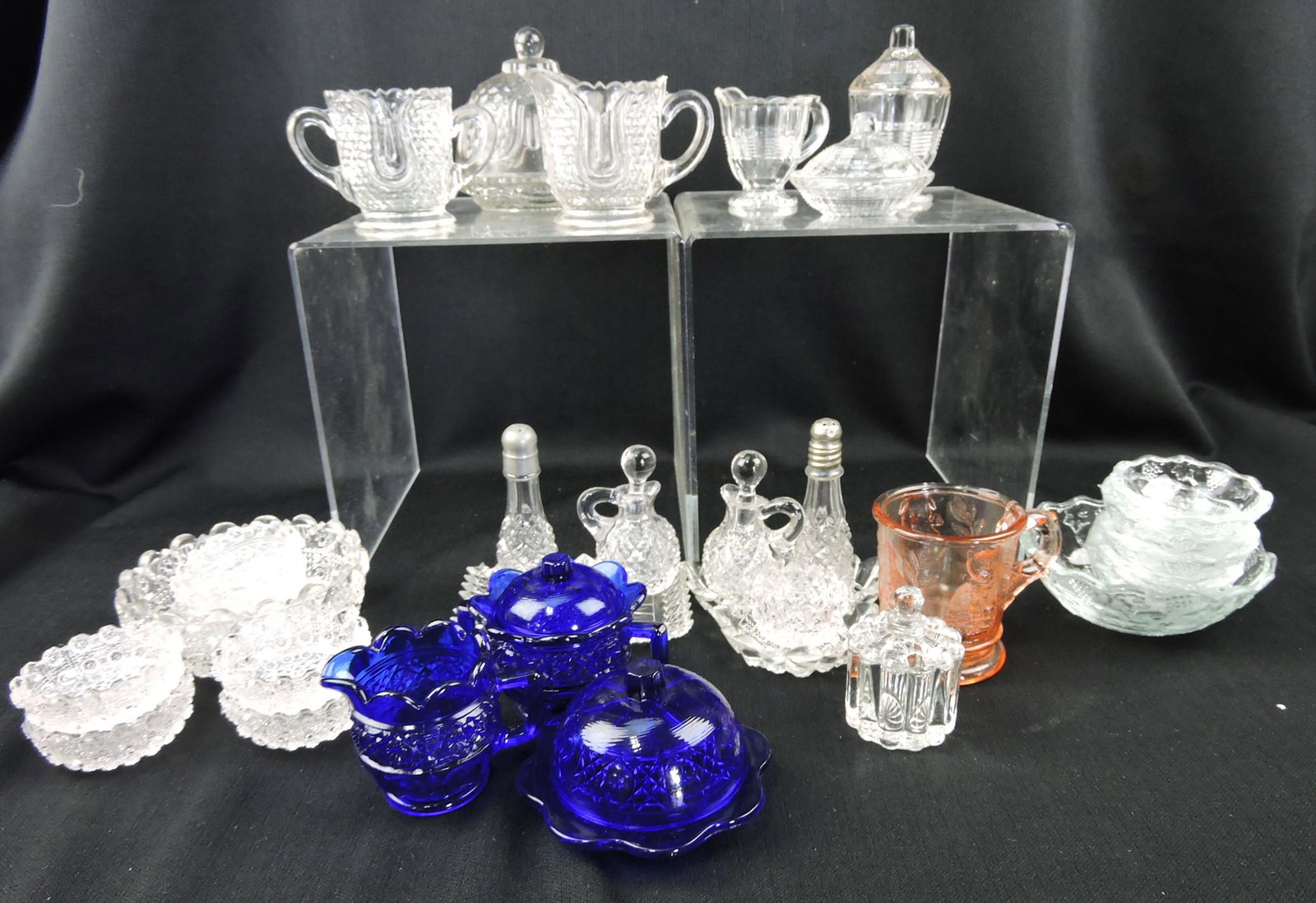 EAPG children's lot: 7 pc Lacy Daisy: berry set, cobalt 3 pc table set, Wabash Tulip Honeycomb 3 pc table set, Horizontal Threads 3 pc table set, 2 - English Hobnail 4 pc condiment, Nursery Rhyme 6 pc berry set, pink animal mug, miniature
