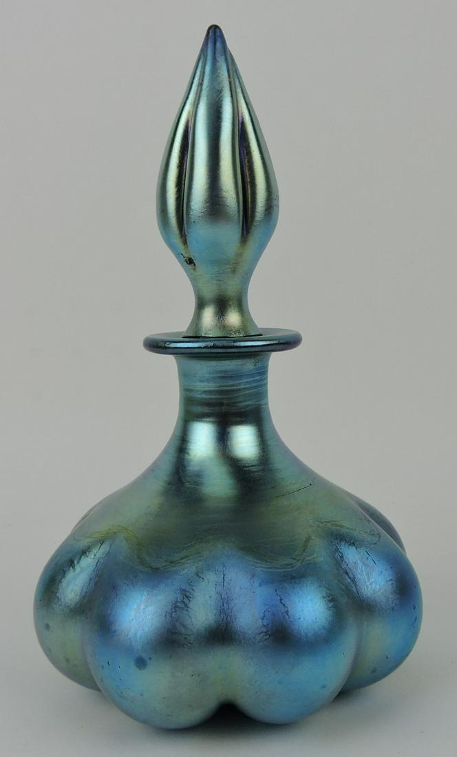 Steuben blue Aurene art glass perfume: bottle, nick to bottom tip of stopper, 8"
