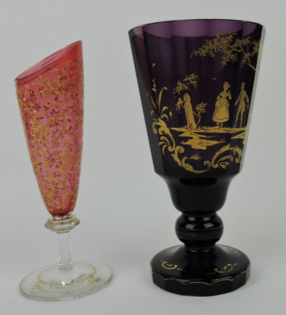 Moser cranberry enameled vase 7",: and amethyst 7" goblet