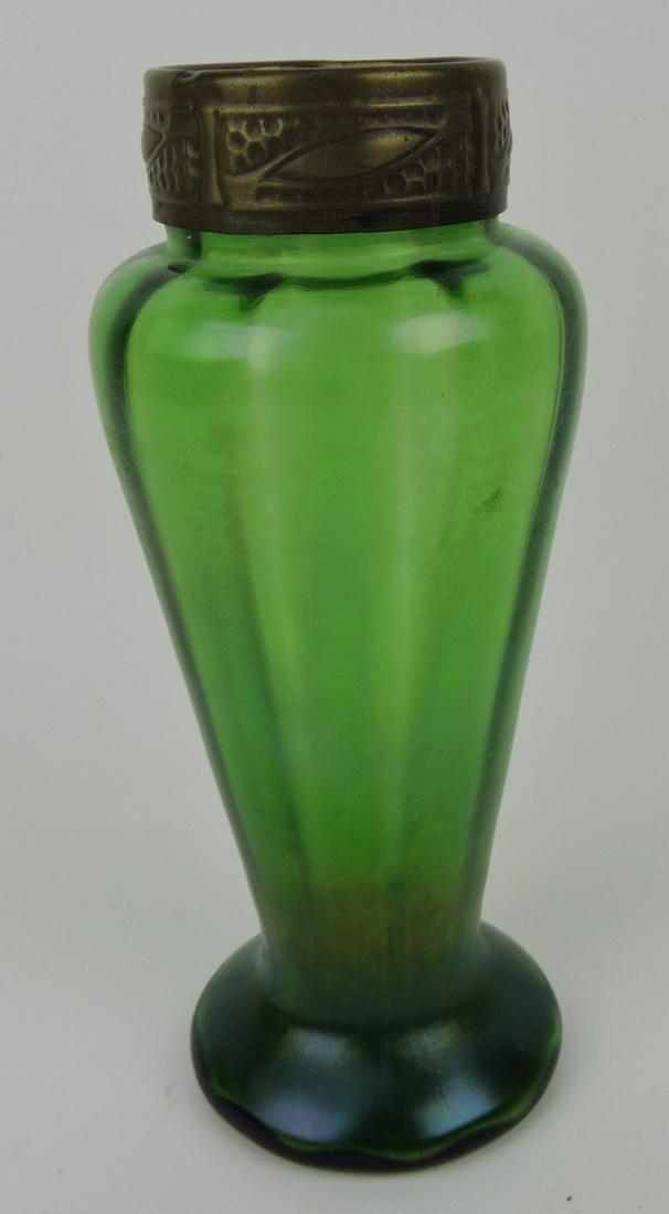 Loetz style art glass vase with brass: ring top, 8"h