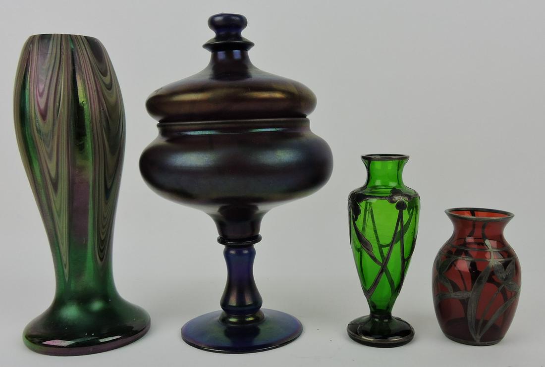 Loetz style art glass vase 8 1/2", minor: rim nick; art glass compote, minor nicks to foot rim, 9"; 2 silver overlay vases, 5 1/4" & 3 1/2"